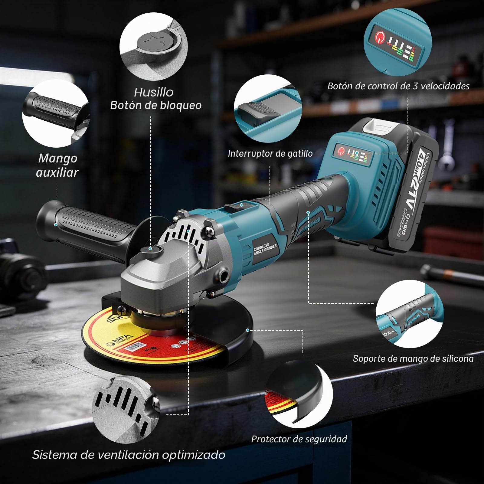 Yofuly Amoladora Angular Batería 125mm Compatible con Baterías Makita de 18V, 3 Velocidades 9000RPM Radial Eléctrica con Bateria de 2 * 4,0 Ah, Rebarbadora Bateria 6 Discos para Pulir/Lijar/Cortar