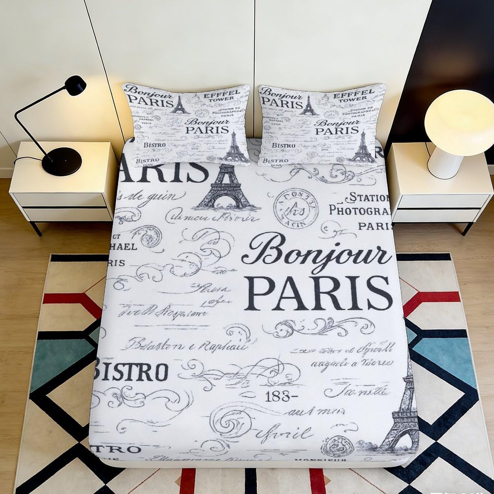 3D Printed Paris Eiffel Tower Fitted Sheet Microfiber Soft Anti-Slip Bonjour Lettering Mattress Cover for Bedroom Guest Room 90x200x25cm