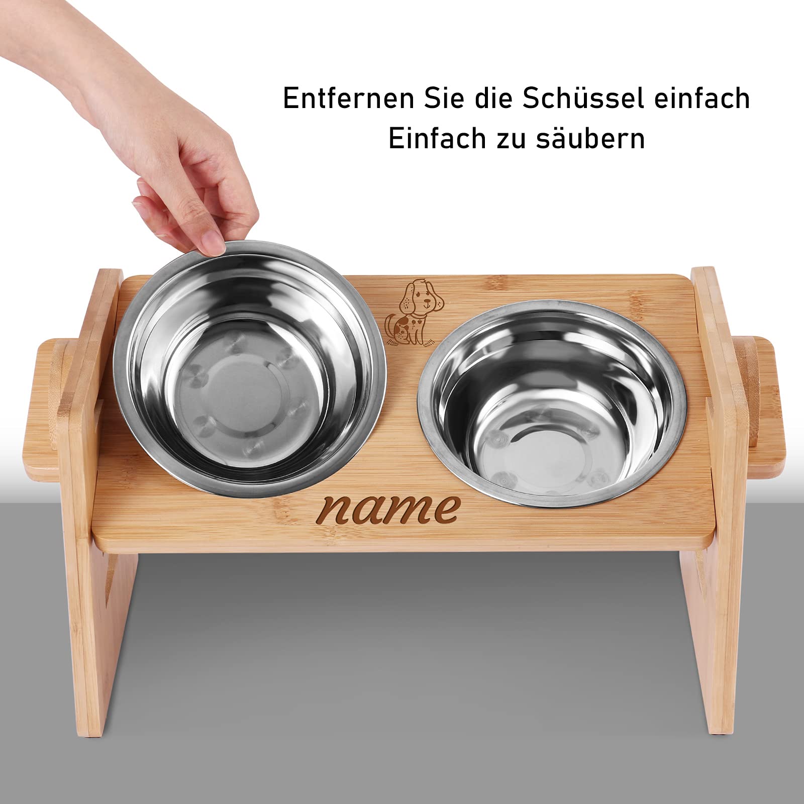 Hundenapf HöHenverstellbar Mit Namen, OXYEFEI Katzennapf ErhöHt Bambus Ergonomischer Futternapf Katze Personalisiert mit Ständer Edelstahlnapf für Haustier