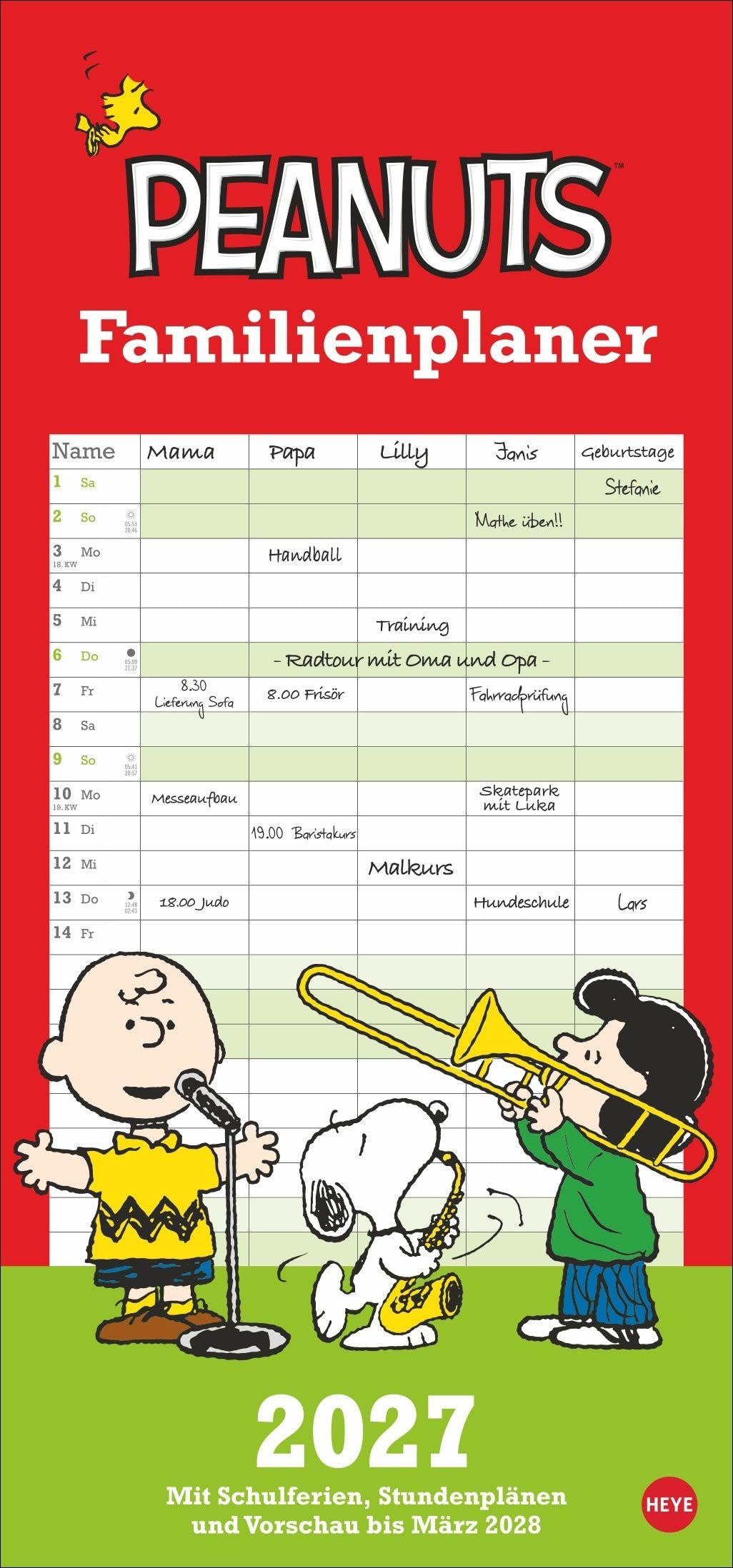 Peanuts Familienplaner 2027: Kalender für Familien mit 5 Spalten. Humorvoll illustrierter Familien-Wandkalender mit Snoopy, Charlie Brown und Co.