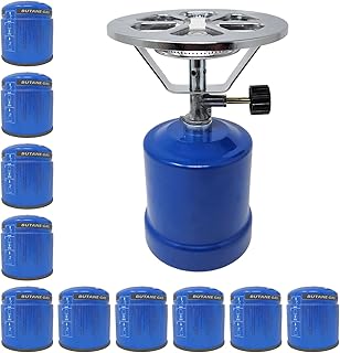 Campingkocher, 1-flammig, 800W, inkl. 10 x 190g Stechgaskartuschen, Metall, Blau - Ideal für Outdoor, Camping & Festivals