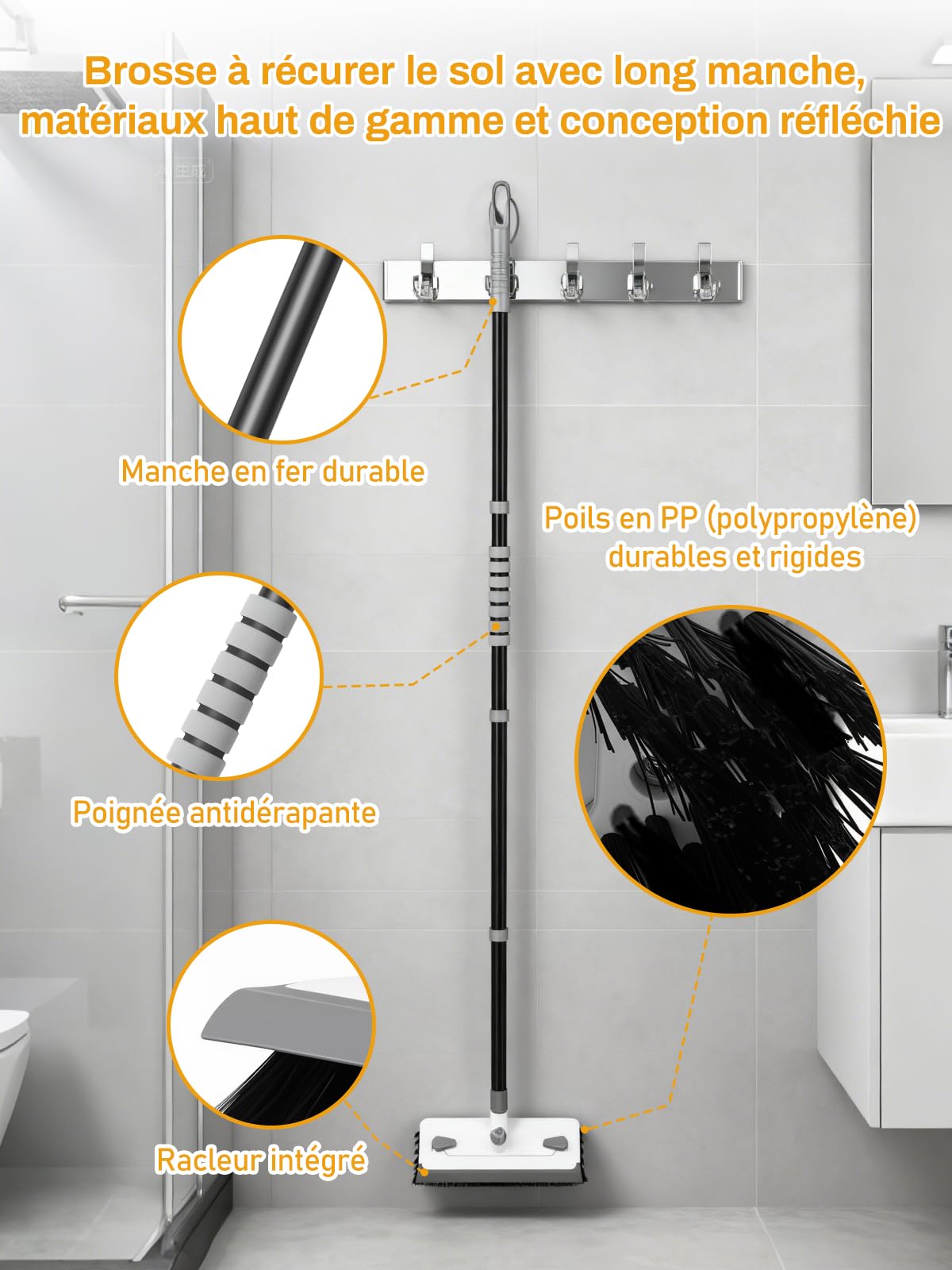 Brosse à Récurer Sols 3-en-1 Manche Long de 140 cm Poils Rigides Raclette Brosse à Joints en V Détachable Outil de Nettoyage Professionnel pour Salle de Bain, Carrelage, Terrasse, Béton et Garage