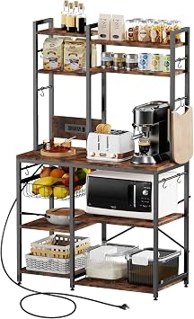 Standing Kitchen Bakers Rack, Bakers Rack with Power Outlet, 6-Tier Microwave Stand, Coffee Bar with 12 S-Shaped Hooks, Kitchen Shelf with Storage, Coffee Bar Station, for Rustic Brown