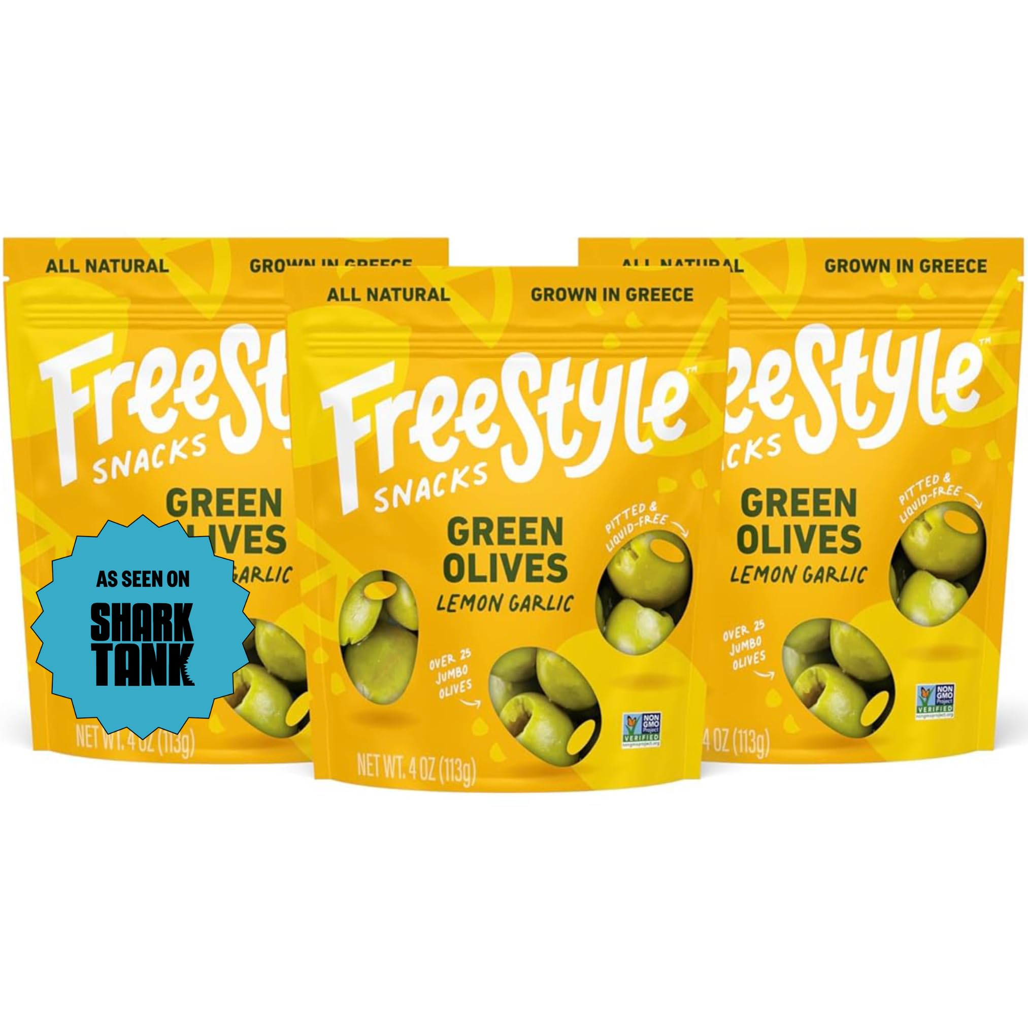 Freestyle Snacks Olive Snack Packs - As Seen on Shark Tank - Fresh Pitted Green Olives, Jumbo-Sized, Grown in Greece, All Natural, Non-GMO, Sugar-Free