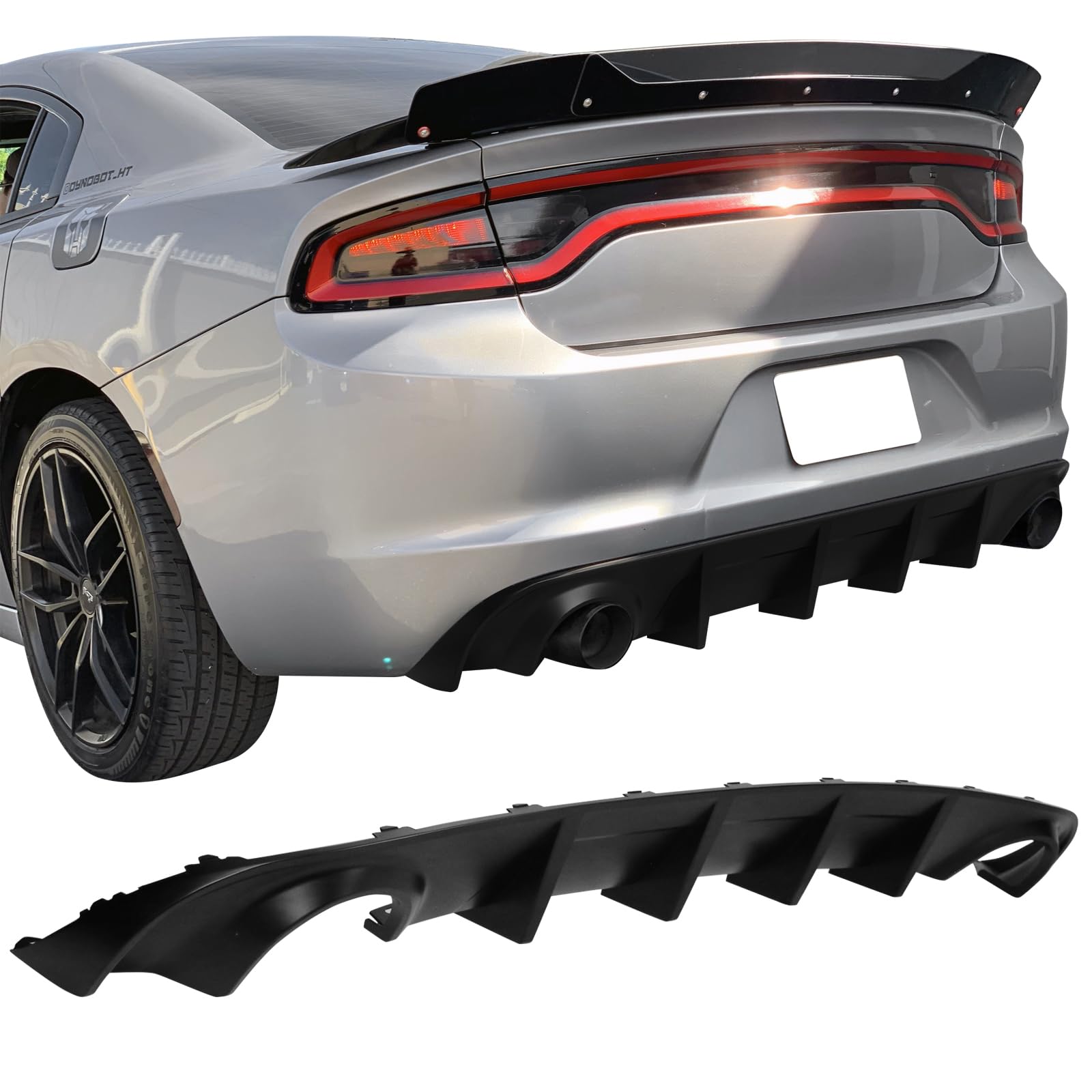 IKON MOTORSPORTS, Rear Bumper Lip Diffuser Splitter Compatible with 2015-2023 Dodge Charger Base & SXT, Rear Bumper Diffuser Matte Black PP