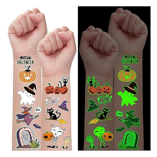 Partywind 10 hojas de tatuajes temporales luminosos de Halloween para niños, decoraciones de Halloween brillantes para fiestas de cumpleaños,