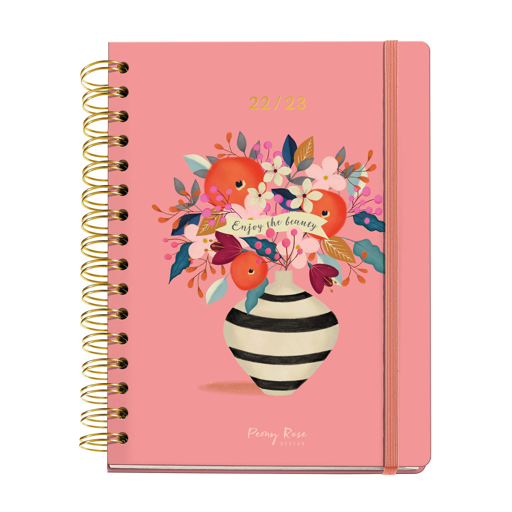 MIQUELRIUS - Calendar September 2022 June 2023 - Week to View - Size 15.5 x 21.3 cm - Multilingual: English, Spanish, Portuguese, Italian, French, German - Peony Rose - Stripes Flower