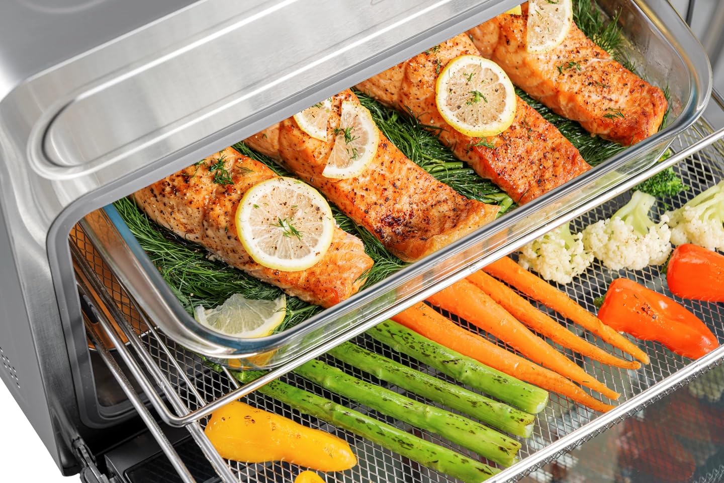 Trisa Air Fusion Pro 24L Mini Dampfbackofen – Kombigerät Heißluftfritteuse & Dampfgarer, 8 Automatik-Programme, Edelstahl-Garraum, LED-Display im Griff, 30–230°C, Inkl. Backblech & Rost