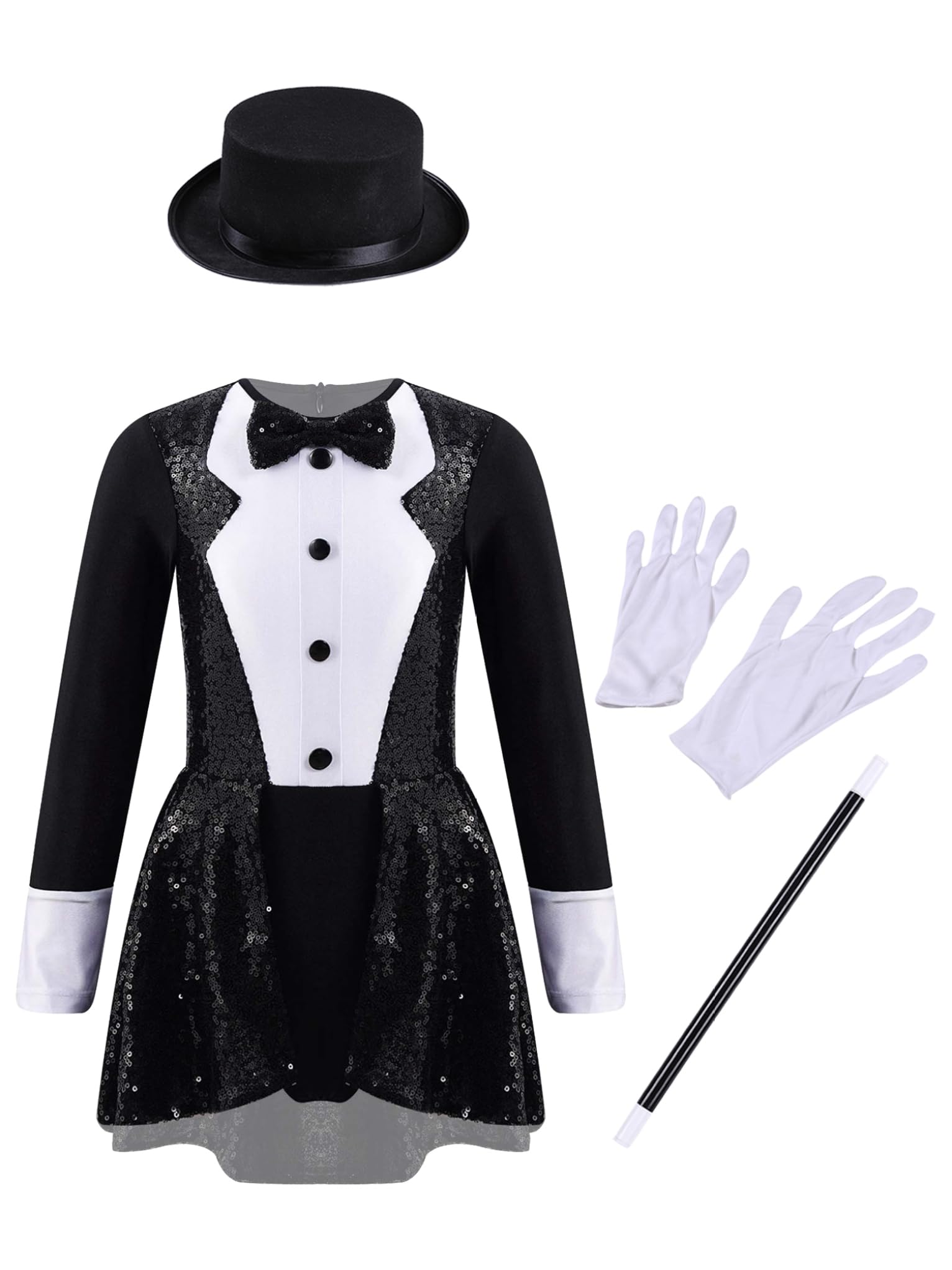 Mufeng Mädchen Zirkus Kostüm Ringmaster Zirkusdirektor Kleid Glitzer Tanzkleid mit Mütze Halloween Karneval Fasching Tanzkostüm