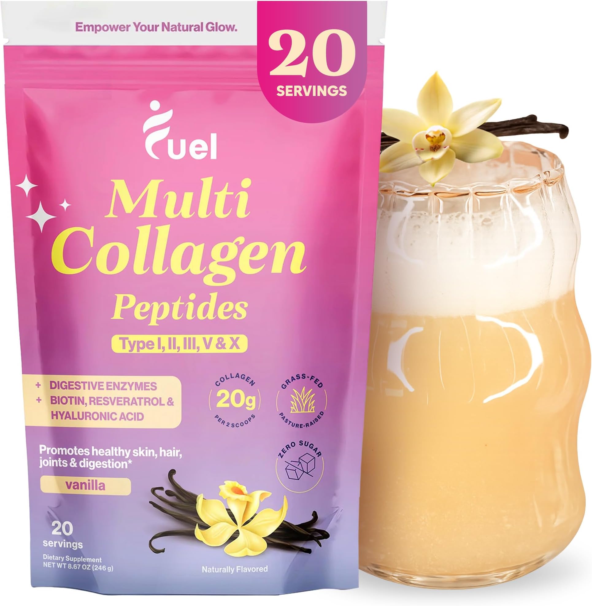 Fuel Multi Collagen Peptides Powder, French Vanilla, 20 Servings | 20g Hydrolyzed Collagen Types I, II, III, V & X, Hair, Skin, Nails & Joint Support, Keto & Gluten Free, 8.67oz