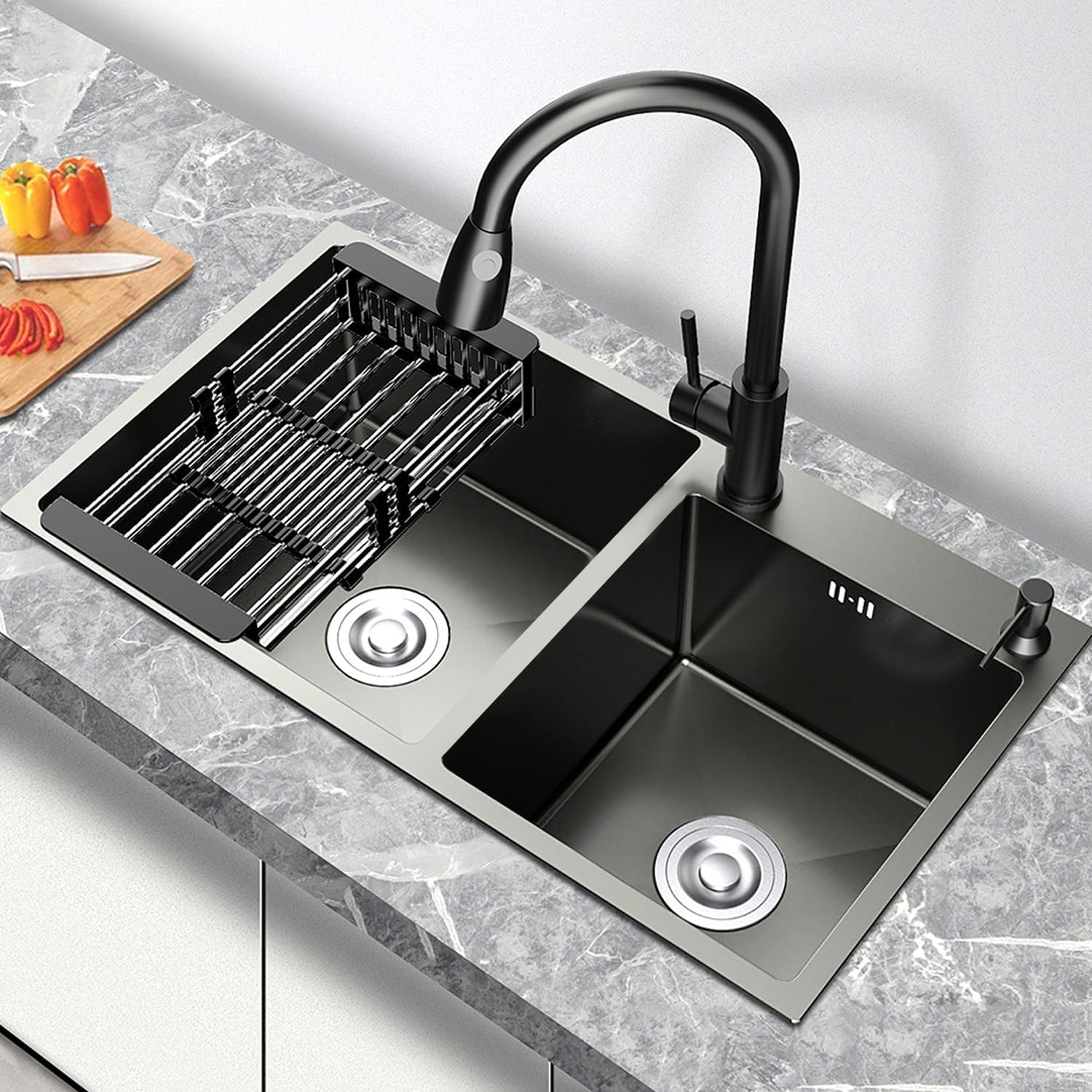 COFOEE Stainless Steel Nano Double Kitchen Sink Workstation With Pull-Out Faucet and Drainage Basket (75 * 41cm)