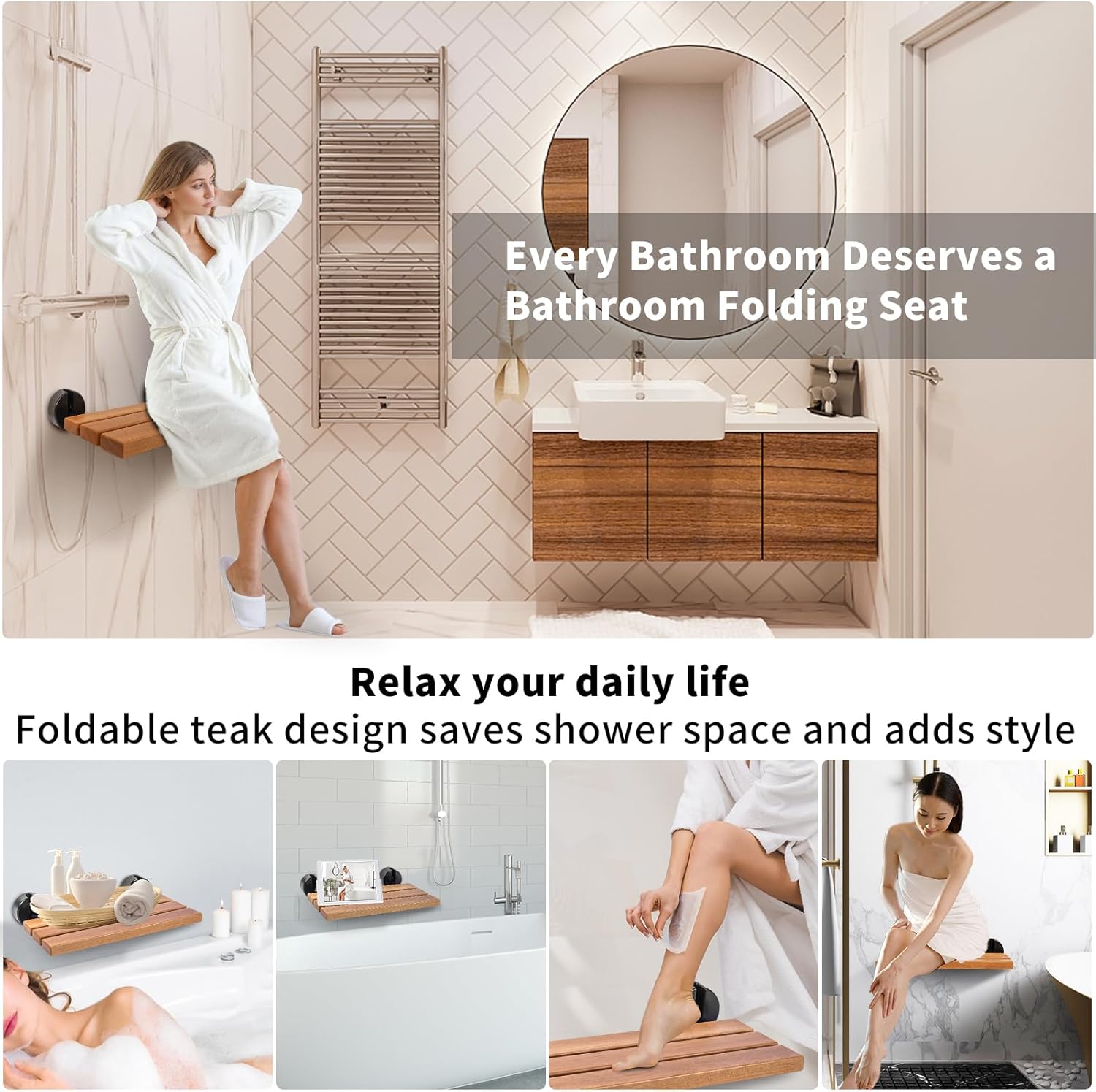 20" Folding Teak Shower Seat Wall Mounted,Foldable Shower Bench,Fold Down Shower Seat,Folding Shower Seat Bench,Wall Mount Shower Seat Bench Chair,Home Care Teak Shower Seat Bench for Inside Shower