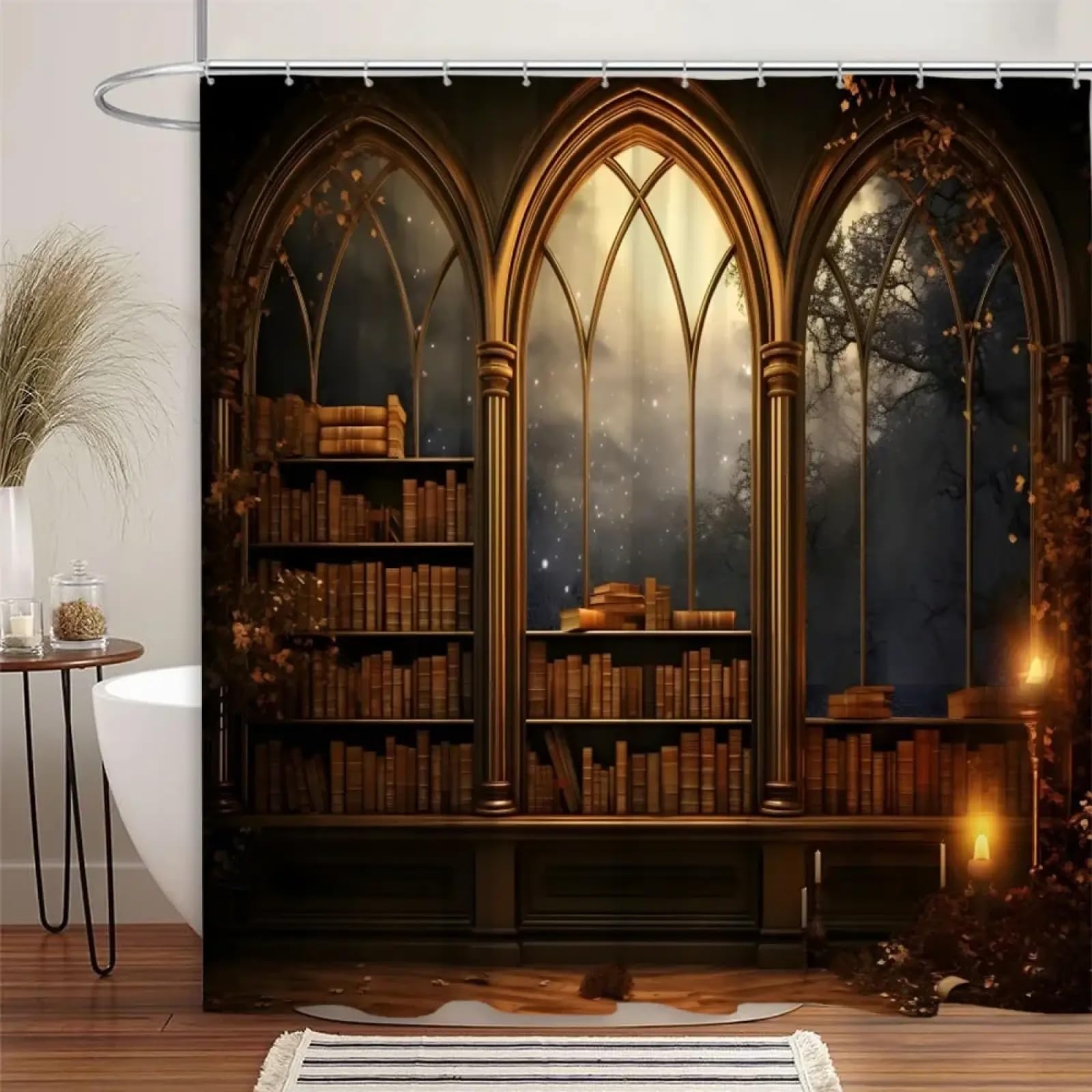Rideau douche 140x140cm anti-éclaboussures en tissu occultant imprimé bibliothèque de vieux livres