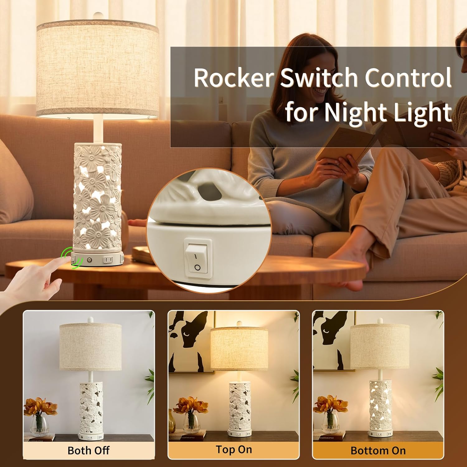 25.5" Modern Ceramic Table Lamp Set of 2 - Bedroom Nightstand Lamp for Living Room, White Bedside Lamp Farmhouse Night Stand Light Lamp for Study Room Office (Ceramic-2 Pack)