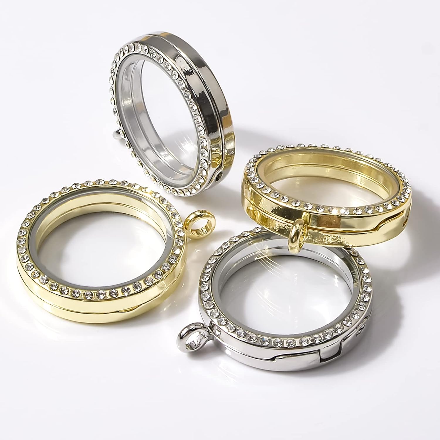 4-Pack Gold Rhinestone Photo Charms - Round Crystal Pendant Lockets For Wedding Bouquets & Jewelry