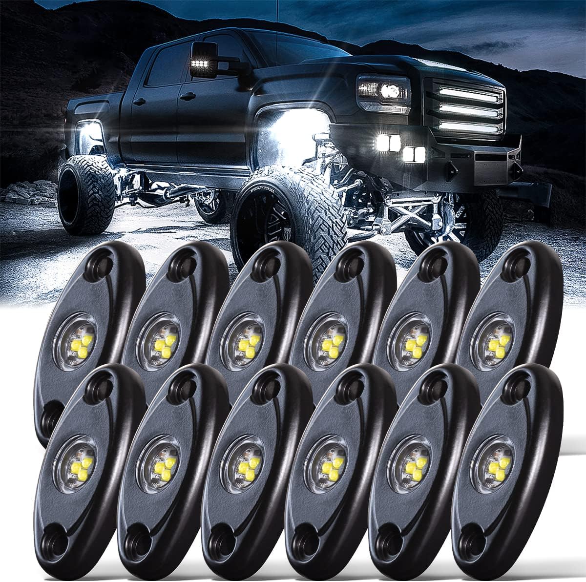 LEDMIRCY White Rock Lights 12PCS High Power Underbody Pure White LED Rock Lights for Off Road Trucks RZR Auto Boat Car ATV UTV SUV Underglow Trail TRAI Rig Lights Waterproof Shockproof Light