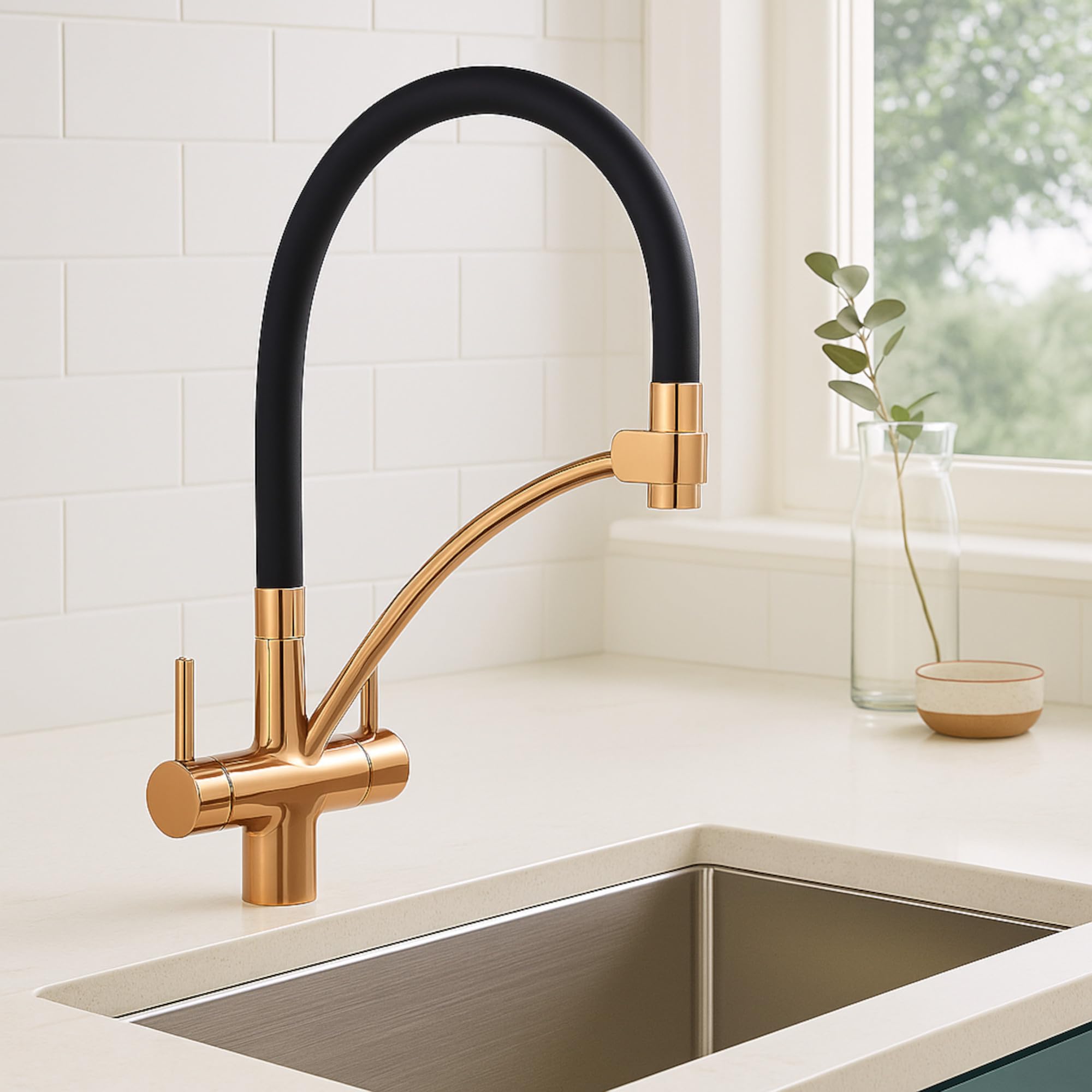 Enki Geneva Rose Gold Contemporary Kitchen Solid Brass Pull Out 3-Way Filter Swivel Spout Drip-Free Hot & Cold Sink Mixer Tap from B&Q