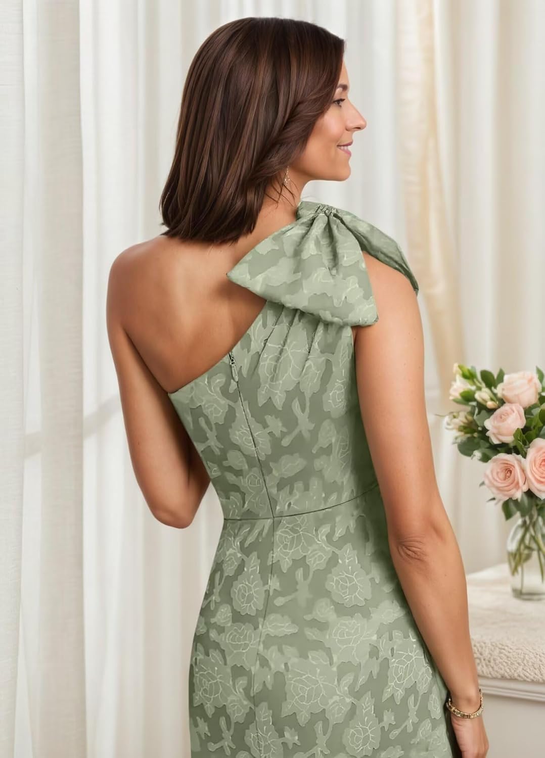 One Shoulder Mother of The Bride Dresses for Women Lace Floral Long Formal Dress with Bow - Image 3