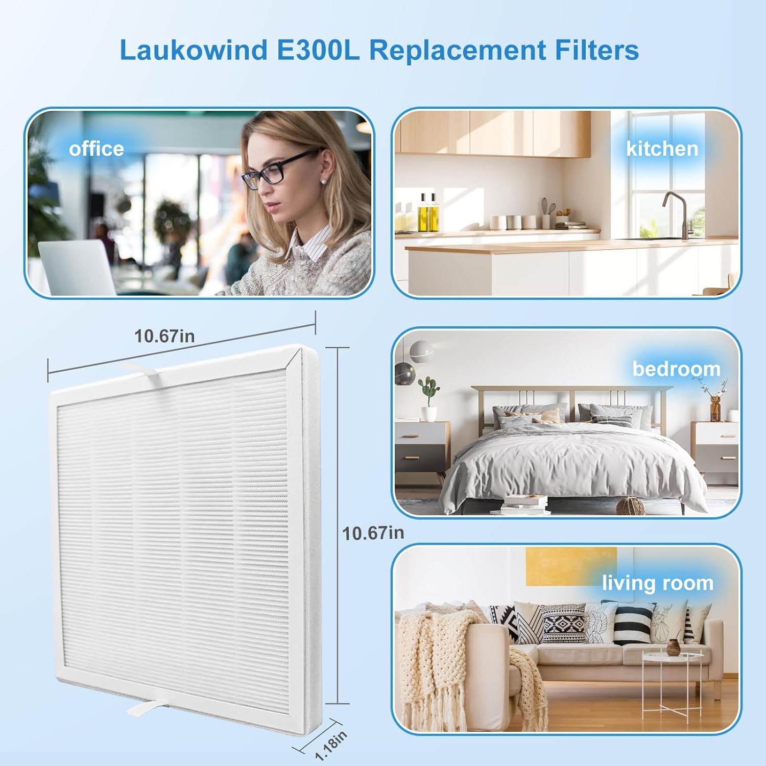 4 Pack E-300L Replacement Filter Compatible with MOOKA and MOOKA FAMILY E-300L, 3-in-1 Filter Replacement for Pet Dander, Bedroom And Office