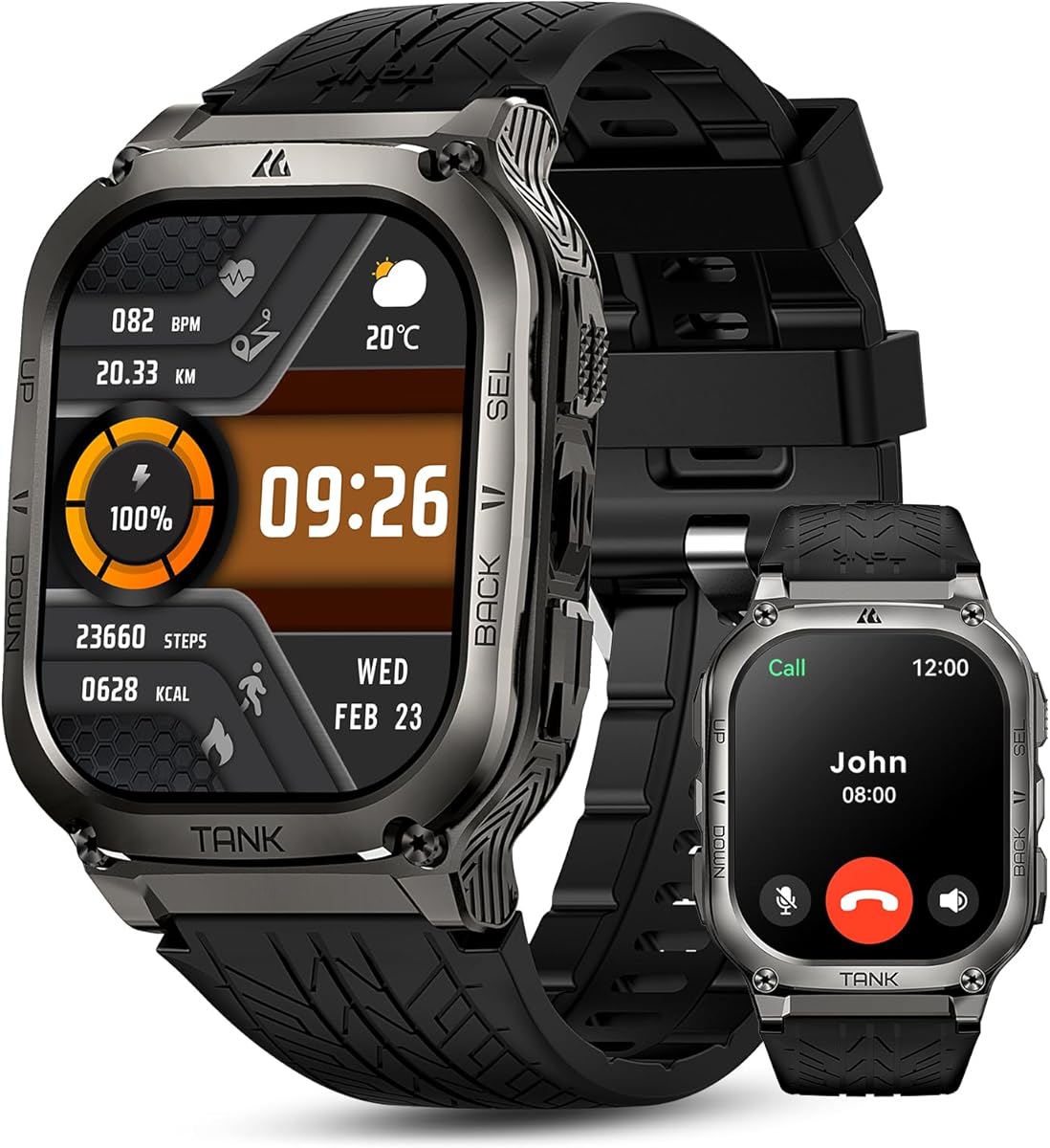 AMAZTIM Smart Watch, 60 Days Extra-Long Battery, 50M Waterproof, Rugged Military Bluetooth Call(Answer/Dial Calls), 2.0" Ultra Large HD Display, AI Voice Assistant (Shiny Black) : Electronics
