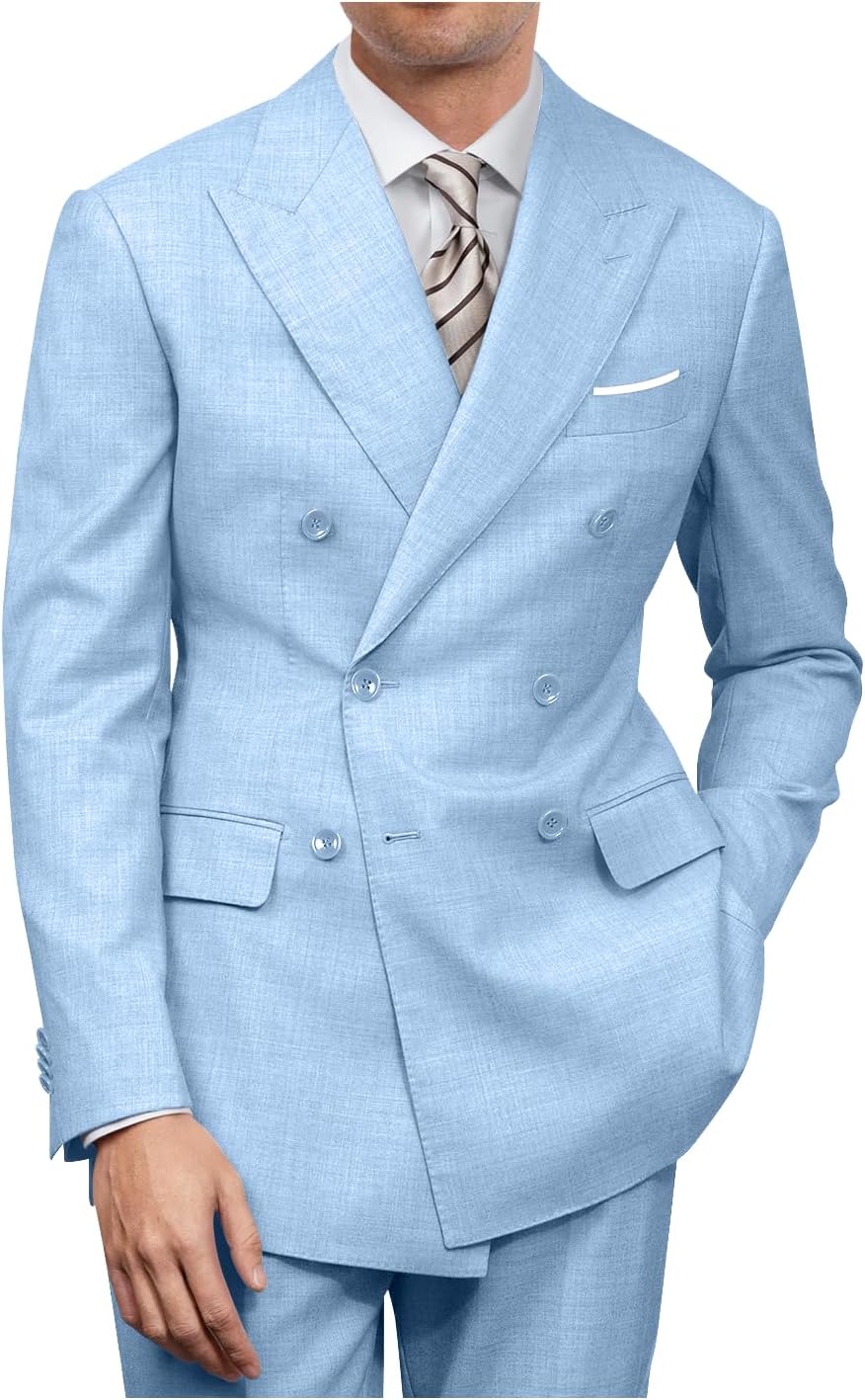 Mens Double Breasted Suit Slim Fit Solid Suit Jacket and Dress Pants 2 Piece Set Prom Wedding Suits for Men