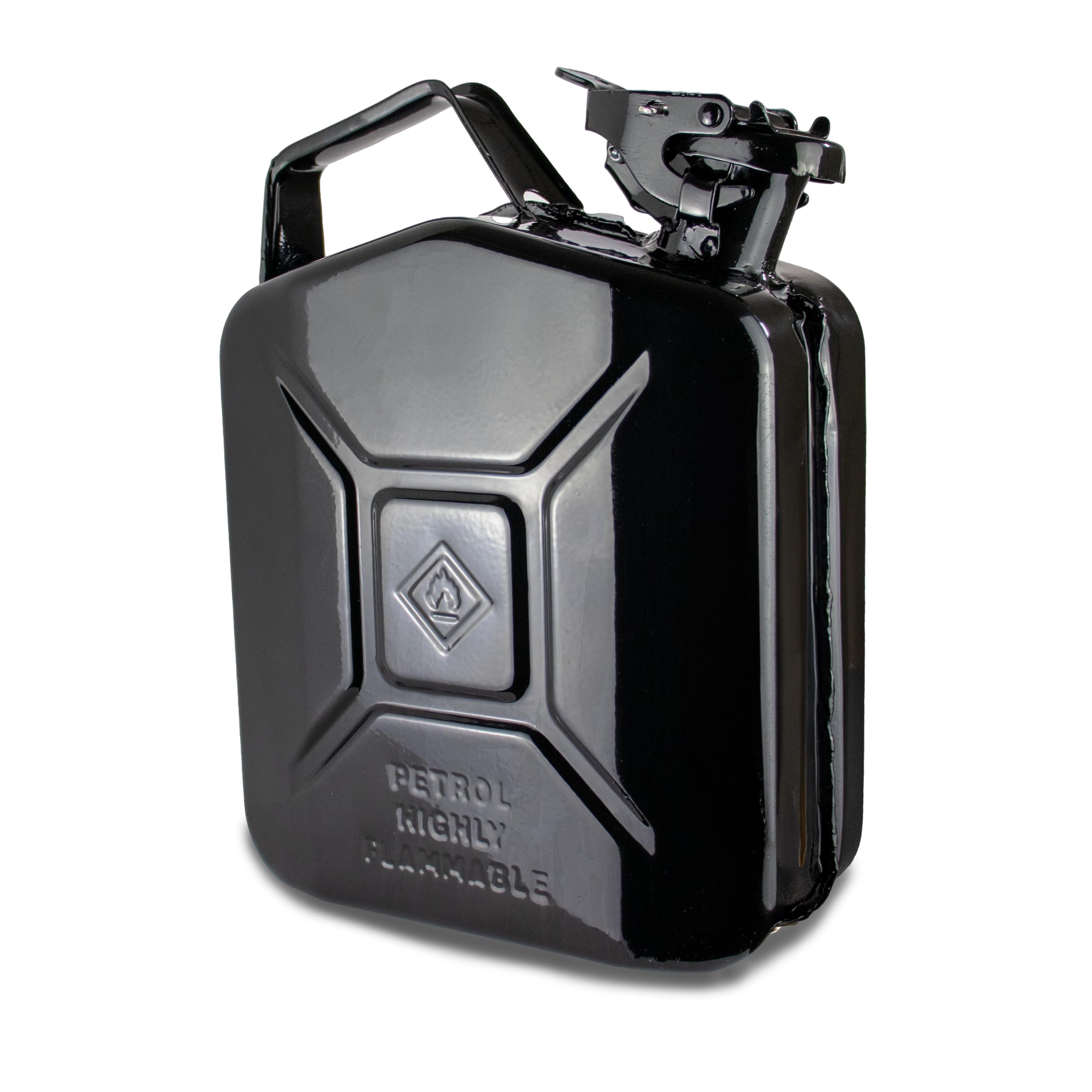 LavaRose 5 litre metal jerry can fuel can, garden fuel can, with direct locking top, anti corrosion coating inside. 100% steel (Black Steel 5L)