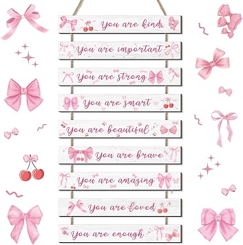 Yuntau 9 Pcs Coquette Pink Bow Wooden Hanging Wall Decor You Are Positive Quote Wall Art Print with Bow Cherry Pink Bow Inspirational Rustic Wood Hanging Sign for Teen Bedroom Living Room Kitchen