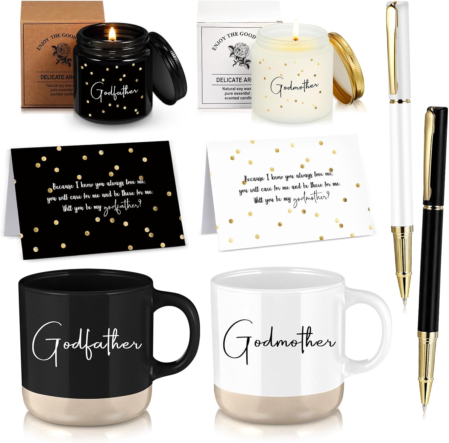 Baderke 2 Set 8 Pcs Godparents Proposal Gift Madrina Padrino Mug Will You Be My Godparents from Godchild Card Scented Candle Jar Ballpoint Pen Valentines Baptism Gift for Godmother Godfather(English)