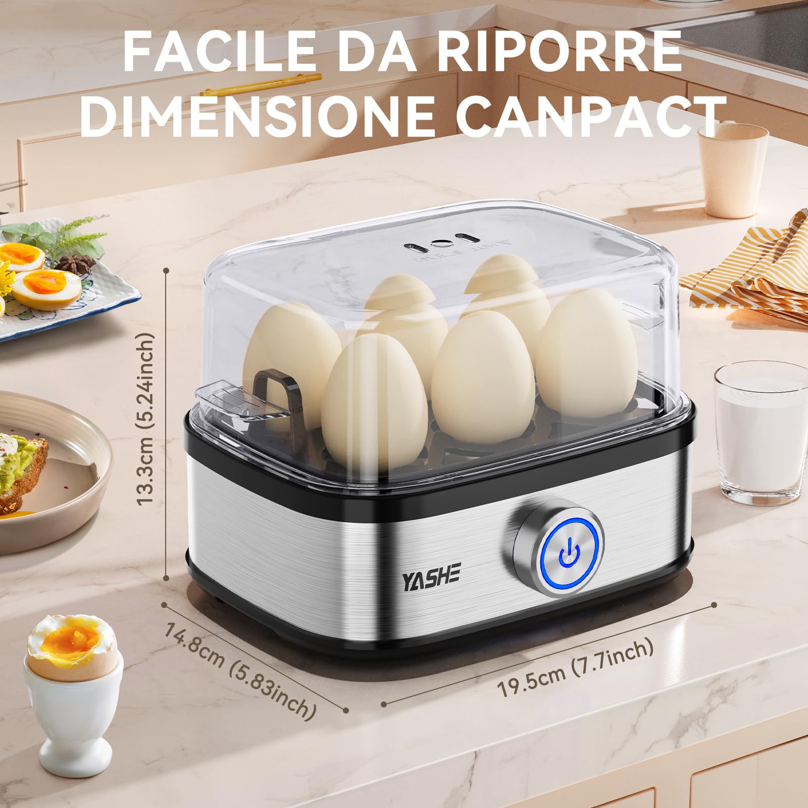YASHE Cuociuova, 400W Cucitore di Uova Compatto Multifunzione, 6 uova facili da Sbucciare, Morbide, Medie, Dure, Poached, Omelet maker, Vaporiera, Segnale Acustico, Luce Indicatrice