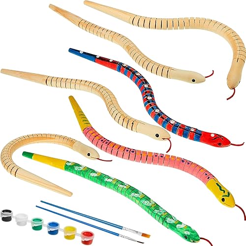 BBTO 20 piezas de serpiente de madera sin terminar Wiggly serpiente articulada de madera flexible con 12 colores acrílicos pintura y pincel de