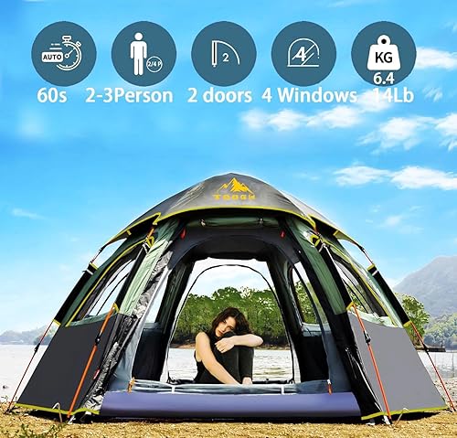 Miniatura 7 de tienda de campaña para 3 - 4 personas, con forma de cúpula hexagonal, impermeable, automática, para deportes al aire libre, camping, refugio para el