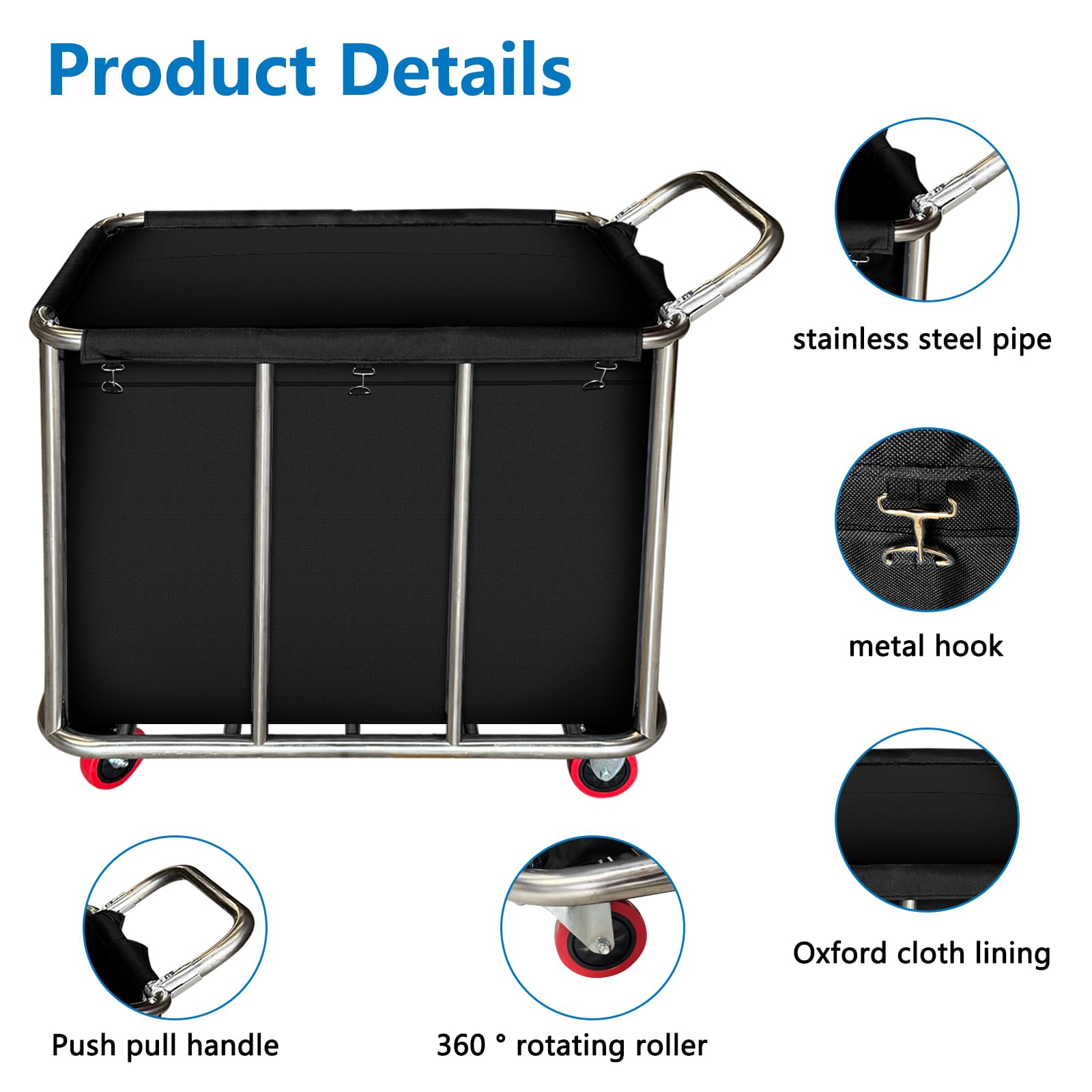 Chariot à linge industriel à roulettes, chariot à linge commercial robuste en acier inoxydable 460L, avec sac de doublure amovible, trieur de grande capacité pour une utilisation en usine et en hôtel