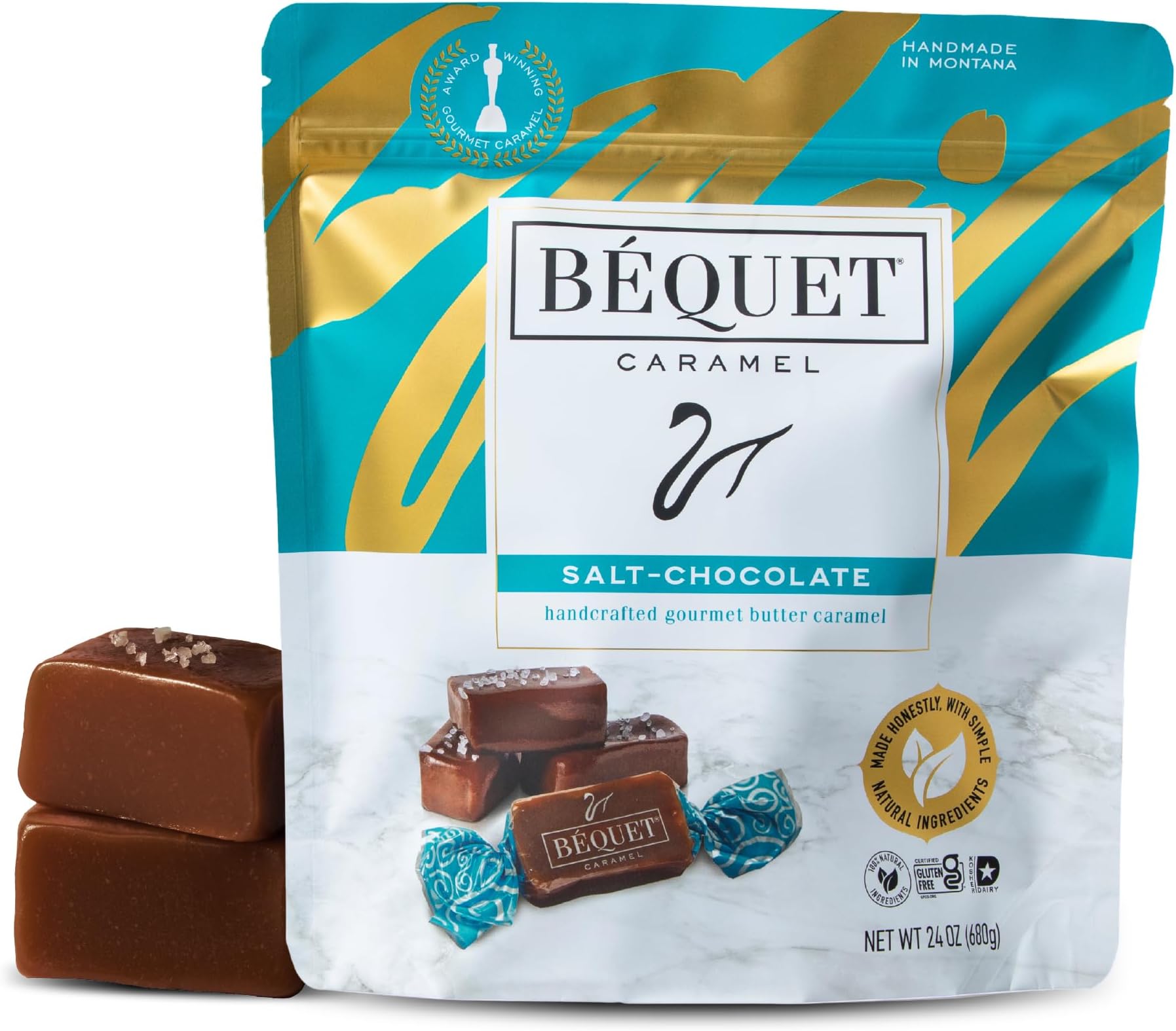 Béquet Caramel - Salt Chocolate Caramel - Caramel Candy Individually Wrapped - Gourmet Caramel Candy - Made in Montana - Kosher (Star-D) and Gluten Free - 24oz Resealable Pouch