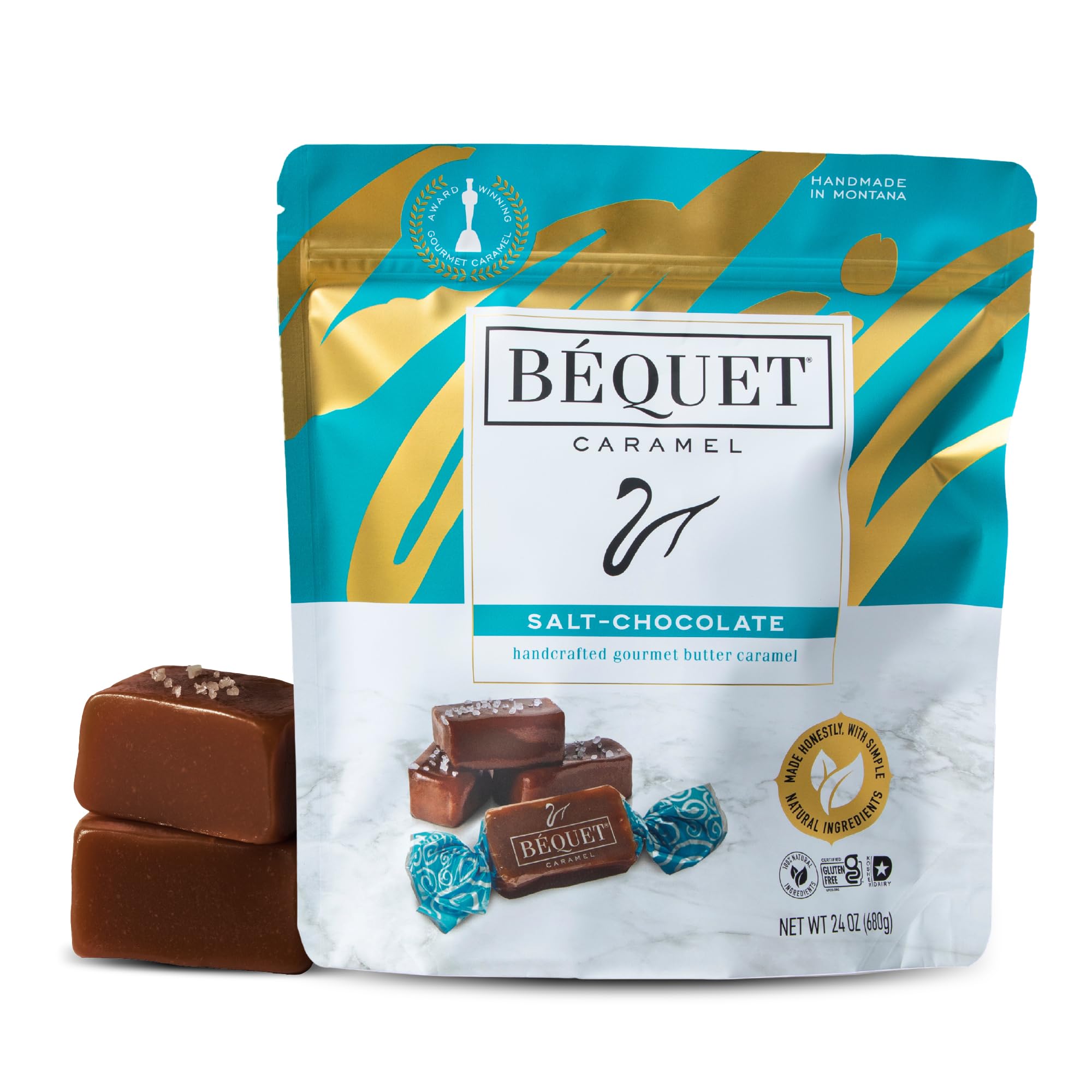 Béquet Caramel - Salt Chocolate Caramel - Caramel Candy Individually Wrapped - Gourmet Caramel Candy - Made in Montana - Kosher (Star-D) and Gluten Free - 24oz Resealable Pouch