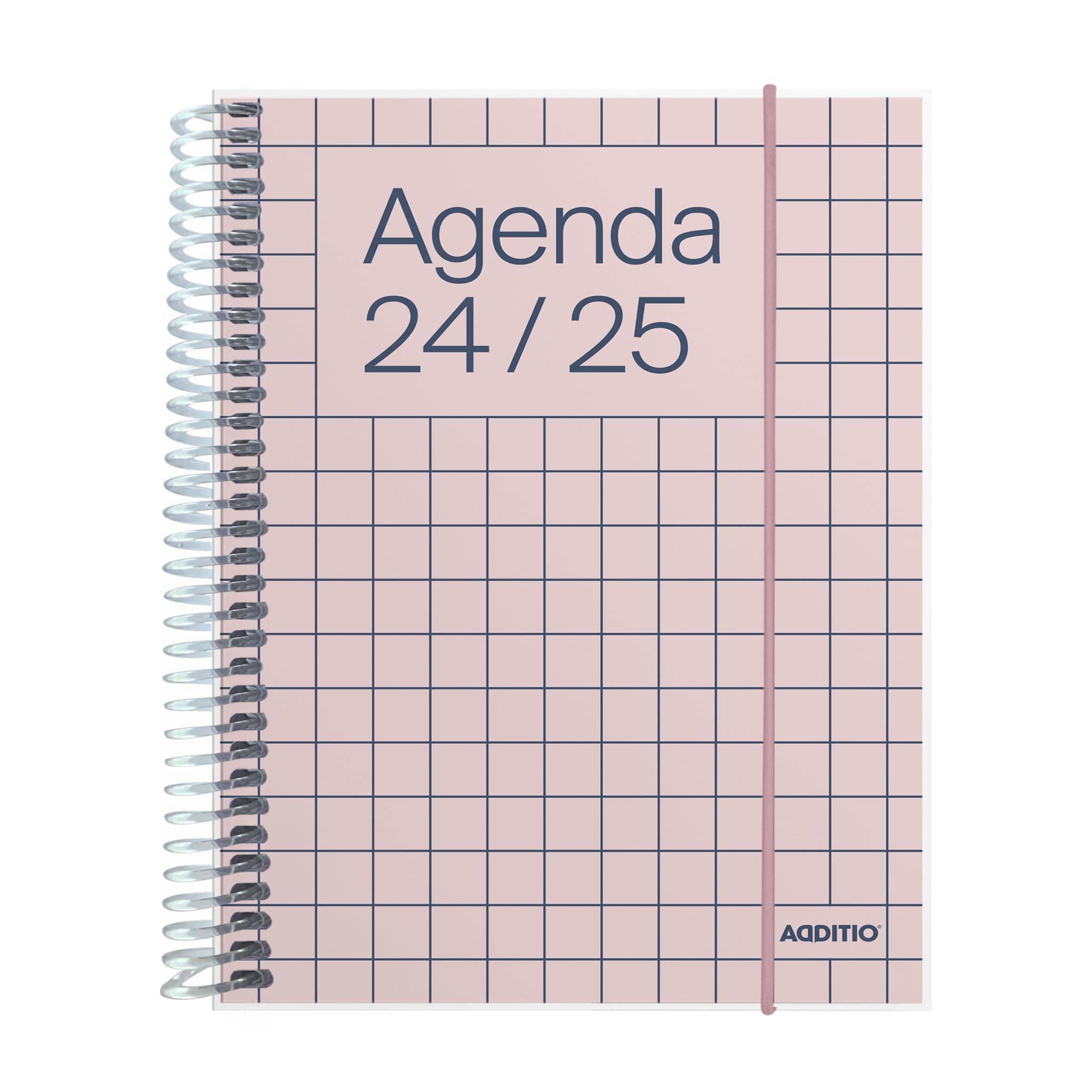 ADDITIO - Agenda escolar 2024-25 |Universal | Día página | De septiembre 2024 a agosto 2025 | 12,5x17 cm | Cierre con goma elástica | Porta-bolígrafos | Adhesivos | Español | Rosa pastel
