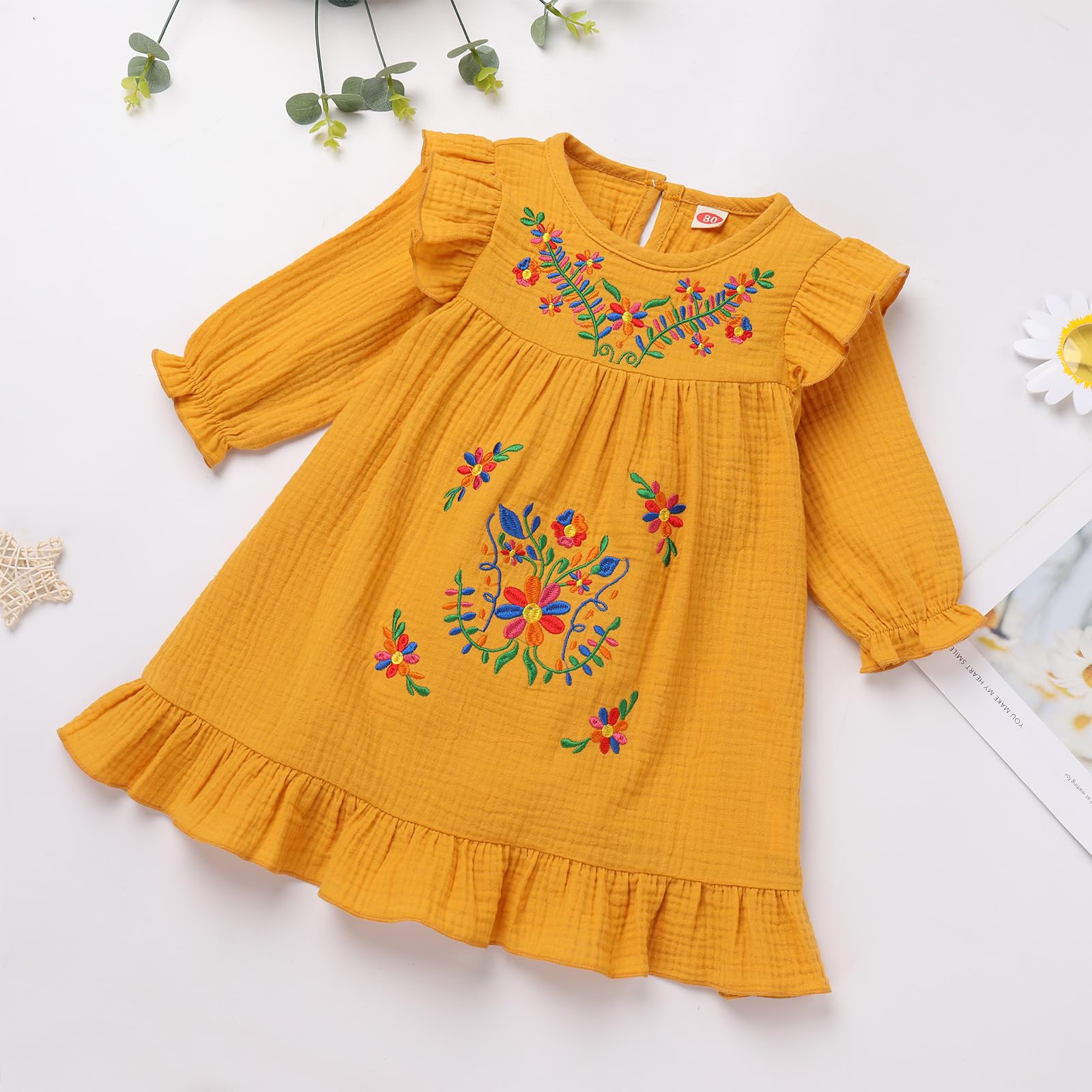 Traditional Mexican Dress for Girls - Long Sleeve Yellow Floral Embroidered Cinco de Mayo Dress for Toddler Girl (5-6 Years)
