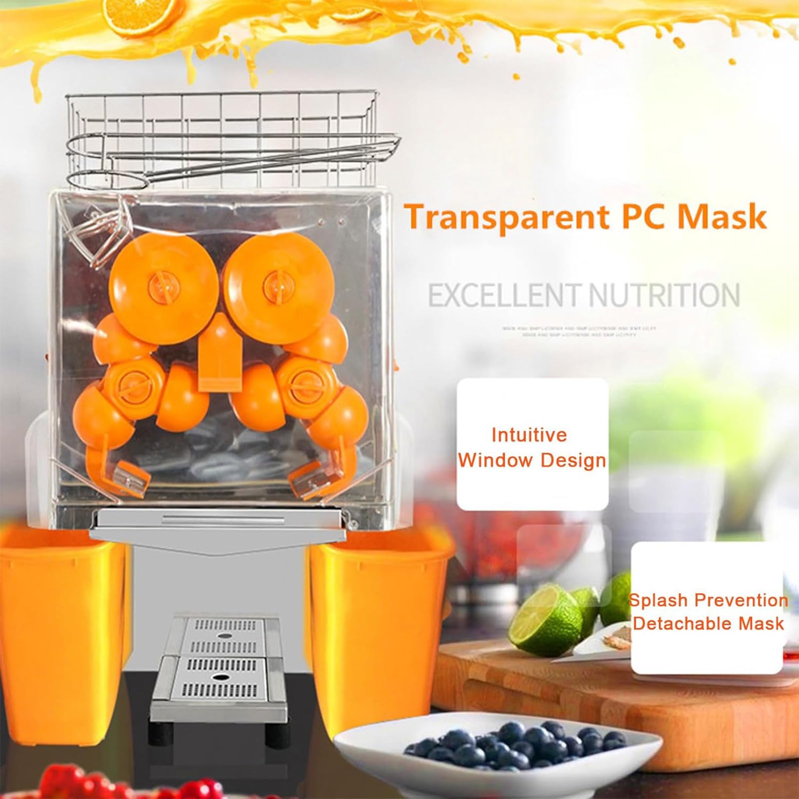 exprimidor naranjas profesional,Exprimidor Eléctrico Cítricos,exprimidor naranjas acero inoxidable, 20 naranjas por minuto,con caja filtro e-xtraíble, cubierta PC,2 cubos recogida cáscaras