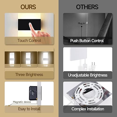 Miniatura 7 de MEHIDFY Juego de 2 apliques de pared regulables con control táctil, apliques de pared LED recargables, luces de pared a pilas, lámpara de noche, luz