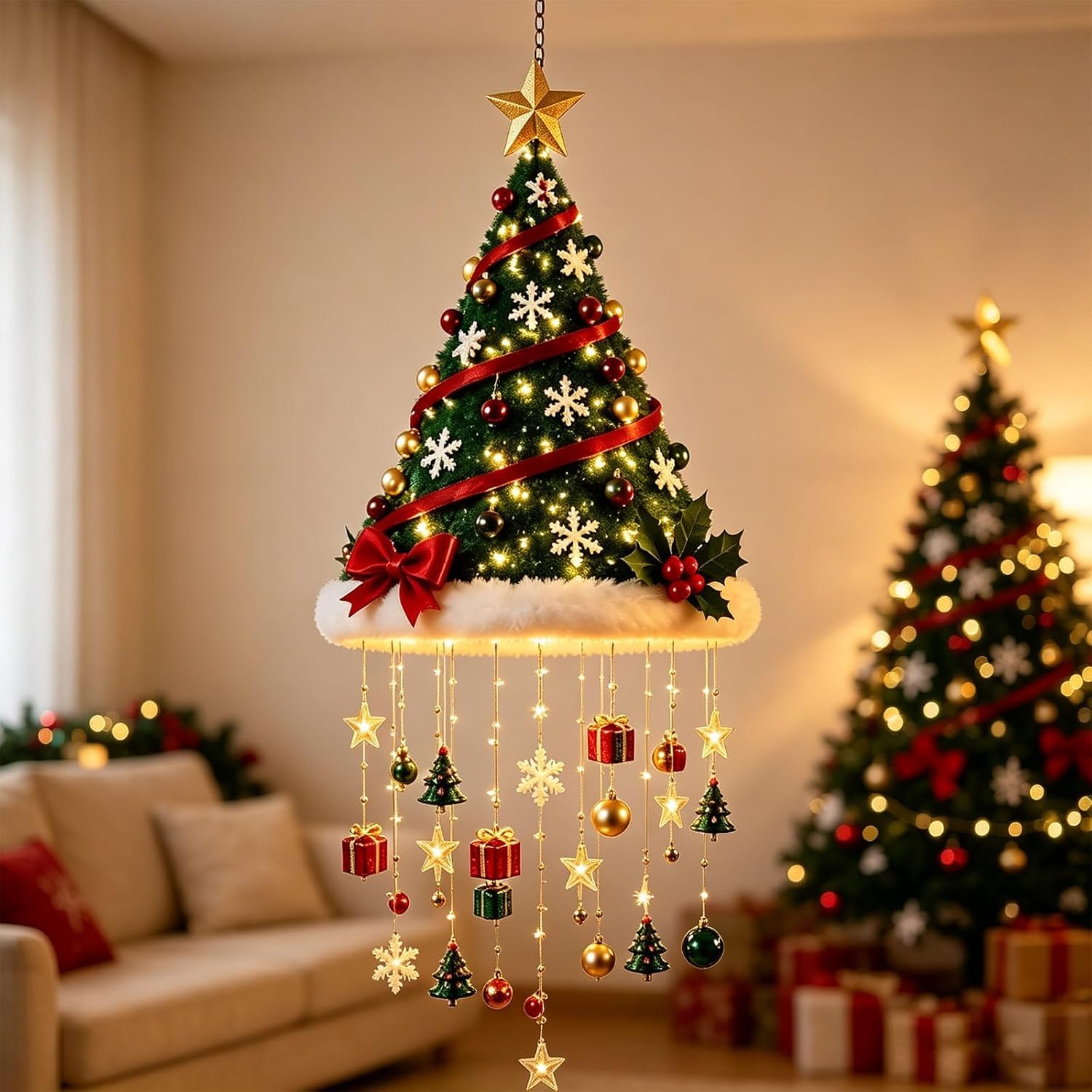 Lighted Santa Hat Hanging Chandelier, Christmas Lamp with Warm Light，A