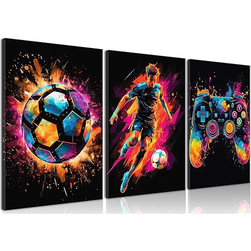 BGFCE Gaming Canvas Wall Art Decor, Paintings Art Game Controller Color Splash Ink Prints Painting, Posters for Room Aesthetic, Soccer Canvas Wall Art for Boys Room Decor 12x16 - Set of 3 Framed