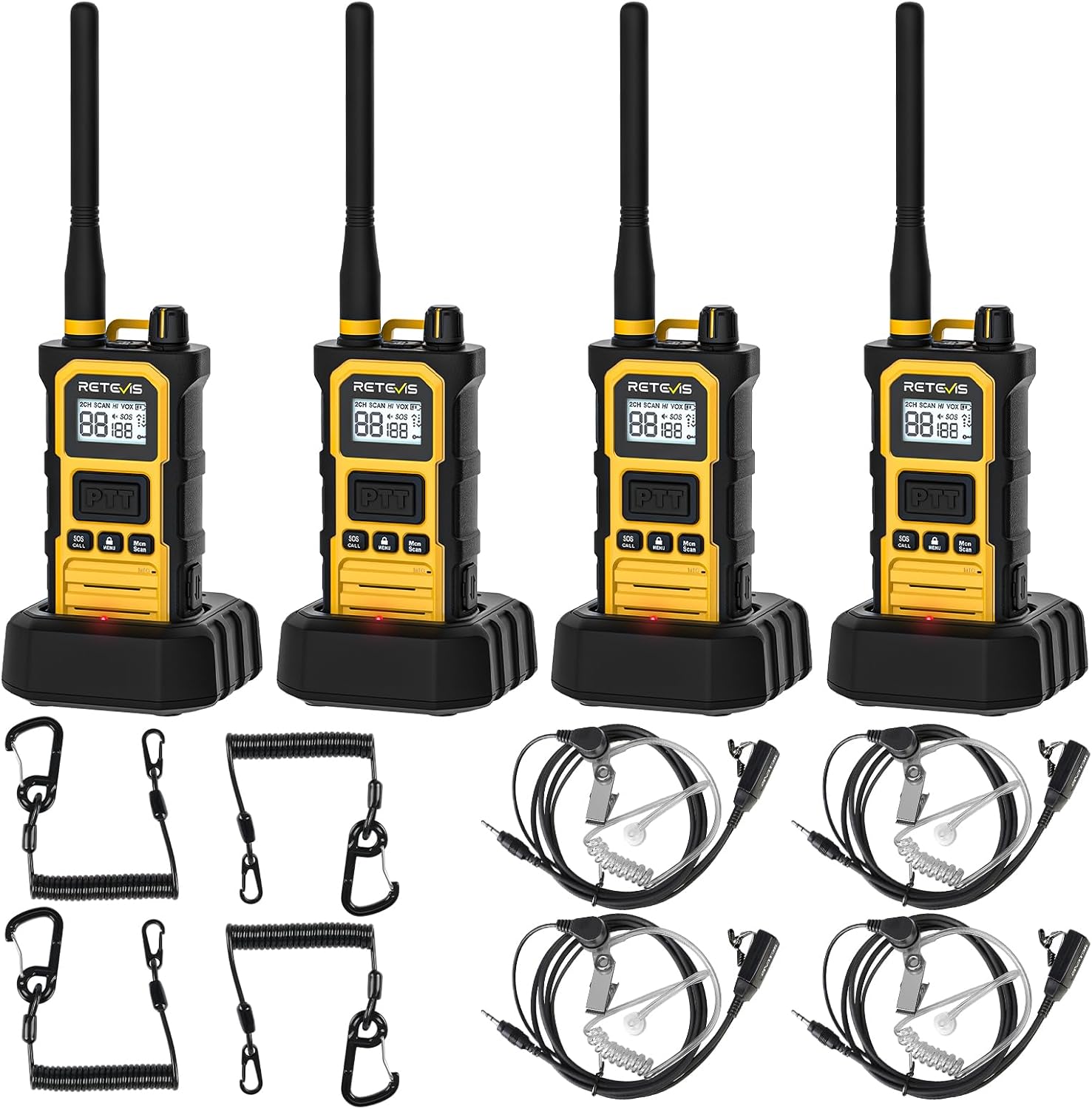 Retevis RB48 Pro High Power Two Way Radios Long Range,IP67 Waterproof,2800mAh,Noise Reduction,Anti-Loss Lanyard,Group Call,Heavy Duty Walkie Talkies with Earpiece for Construction Job Site (4 Pack)