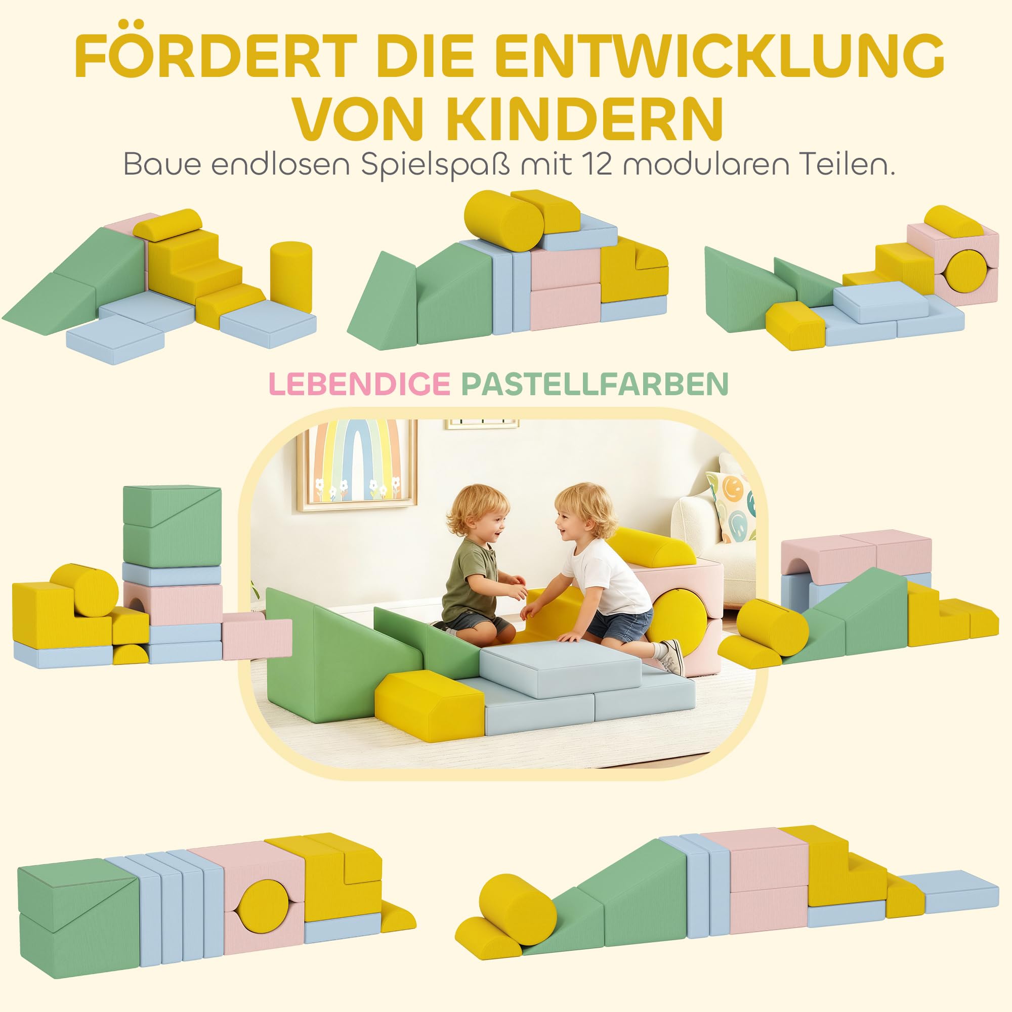 AIYAPLAY Schaumstoff Bausteine 12-TLG. Softbausteine Bausteinset Bunt | Kinder, mit Cord-Optik, Klettern, Großbausteine, Schaumstoff-Kletterblöcke, Bauklötze