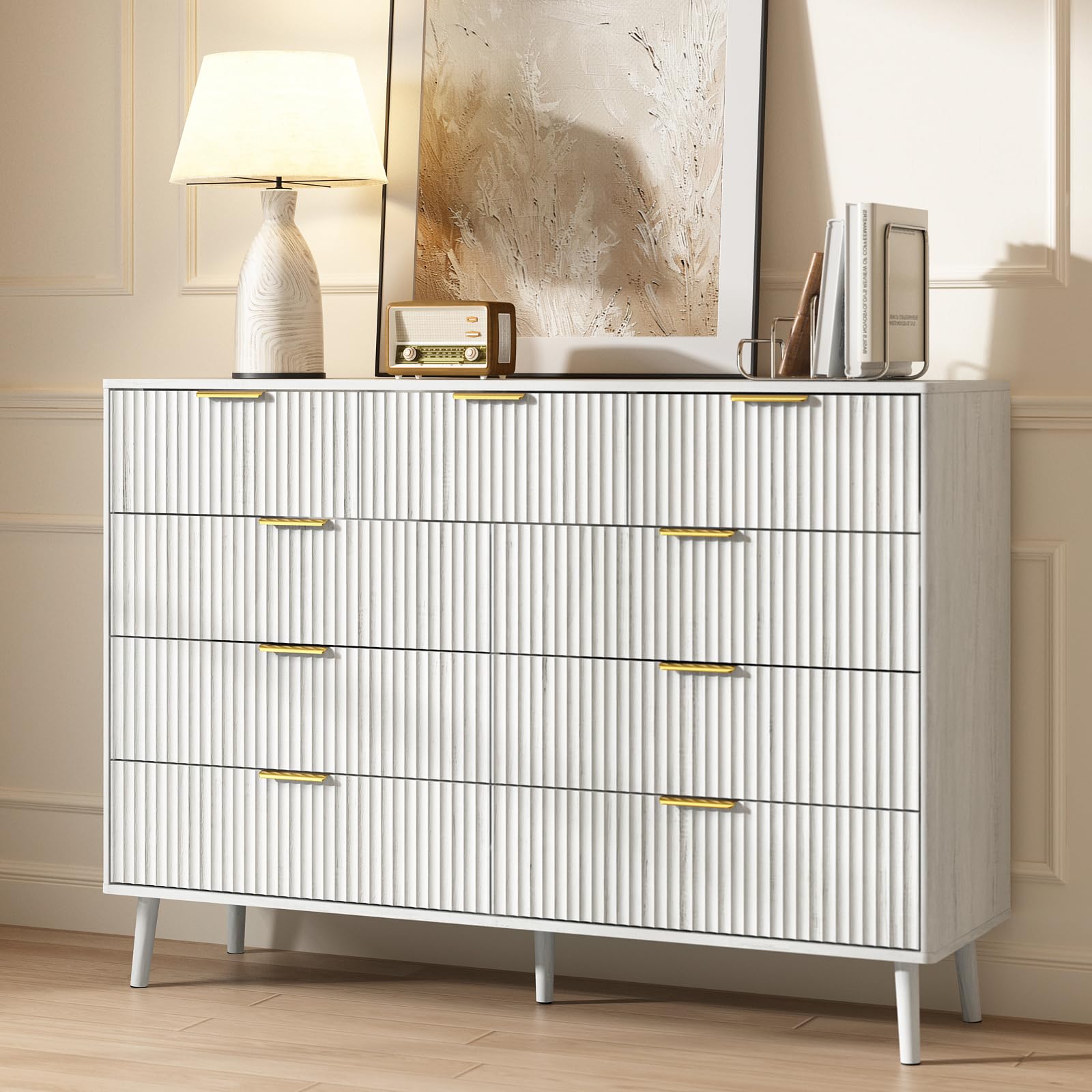 CARPETNAL Fluted 9 Drawer Dresser for Bedroom, 55" Wide Wooden Chest of Drawers with Rounded Corners, Gold Handles, Modern Storage Organizer for