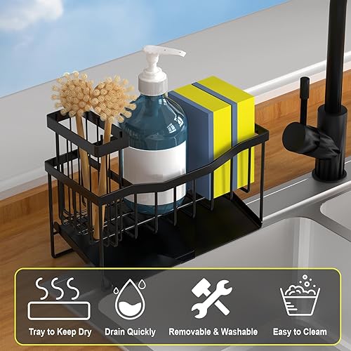 Miniatura 3 de Maifan Soporte de esponja para fregadero de cocina con soporte para cepillo y bandeja de autodrenaje de acero inoxidable, organizador de fregadero