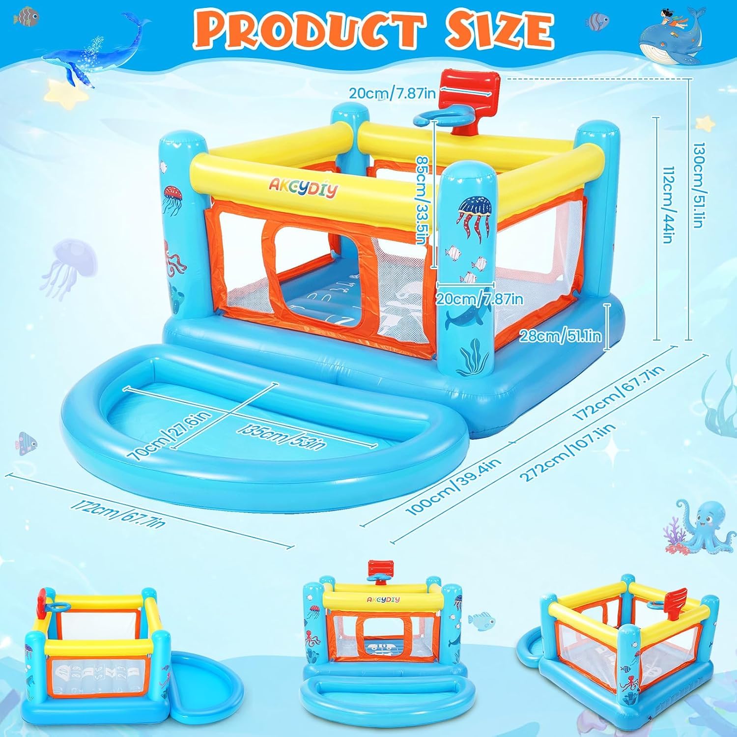 Castello saltante con piscina di palline per bambini da 3 a 6 anni, per interni ed esterni, piccolo centro giochi attivo, canestro da basket, cielo e inferno, castello saltante in PVC di alta qualità