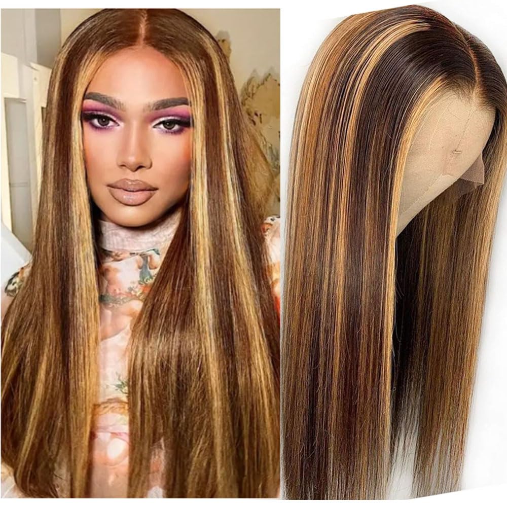 XRS Wear and Go Glueless Wigs Human Hair Pre Plucked Pre Cut 5x5 HD Lace Closure Wigs Human Hair,4/27 HD Honey Blonde Wig Human Hair,180% Highlight Bleached Knots Straight Wigs 14Inch