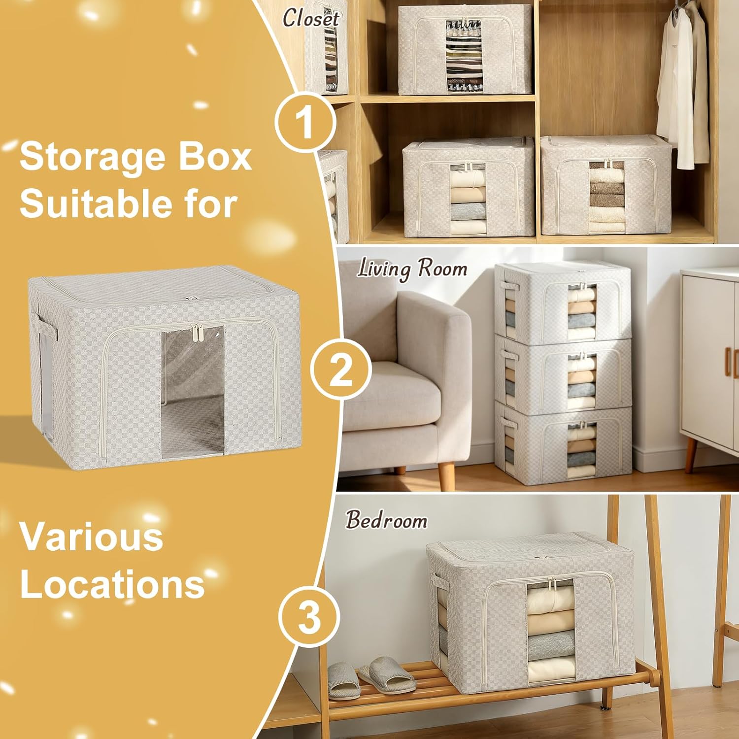 3 Pack Clothes Storage Bins with Metal Frame,Foldable Storage Bin with Lid for Clothes,Stackable Cotton Linen Fabric Organizer Set with Carrying Handles and Clear Window(Grey Checkered, 66L)