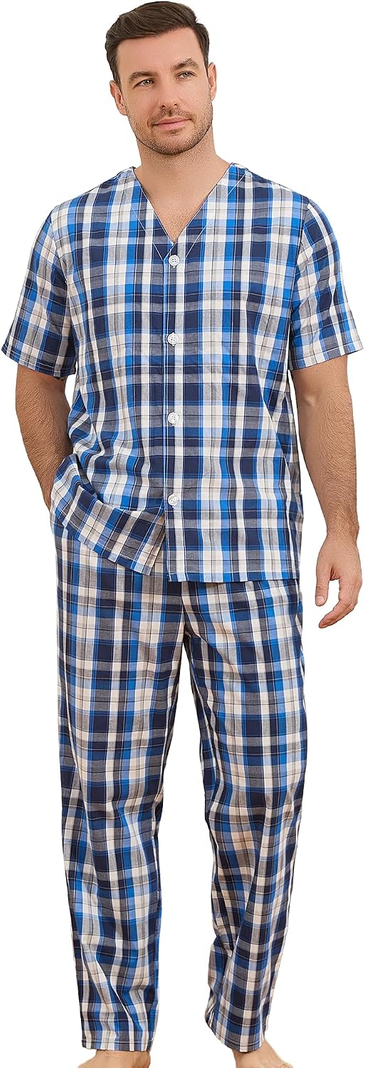 Vulcanodon 100% Cotton Mens Pajamas Set, Lightweight Button Up Mens Sleepwear