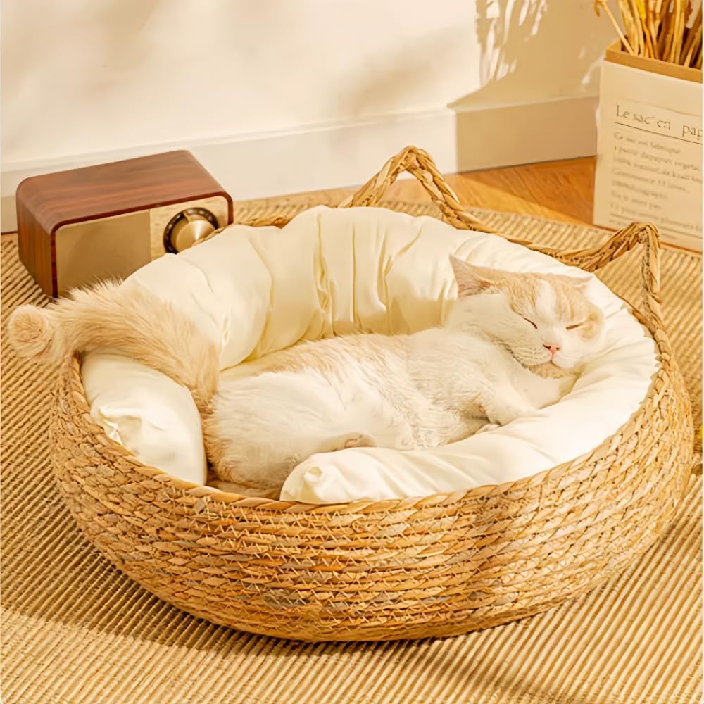 سرير قطط شبه مغلق من الراتان، سرير قطط داخلي قابل للغسل، سرير دائري للقطط مع لوح خدش للقطط، سرير كبير منسوج للقطط مع وسادة ناعمة، سرير للقطط قابل للازالة للحيوانات الاليفة