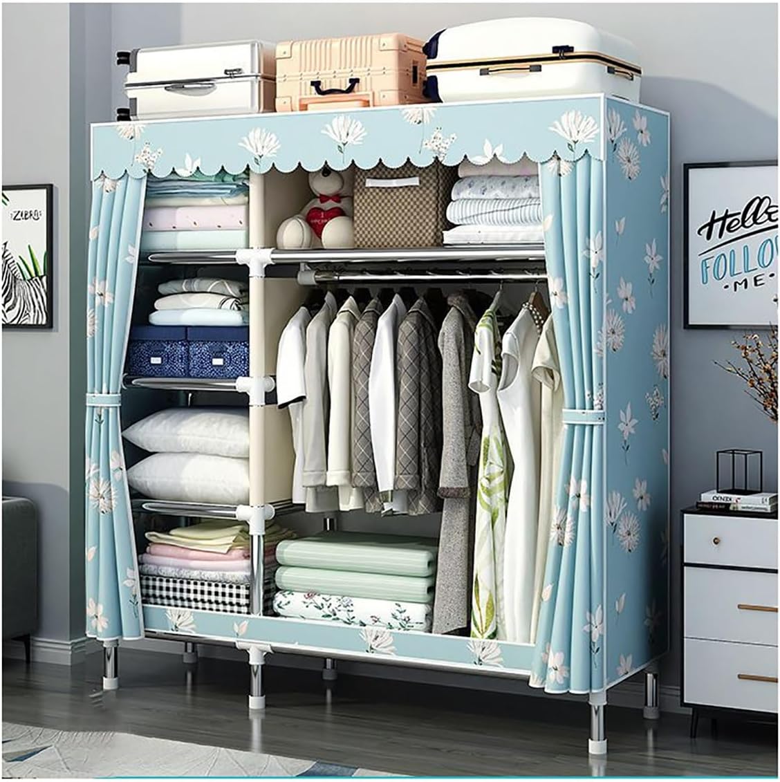 Portable Wardrobe Closet with Fabric Cover for Bedroom Metal Clothes Rack with Hanging Rod and 5 Shelves for Organizers and Storage (Color : A, Size : 130x46x176cm)